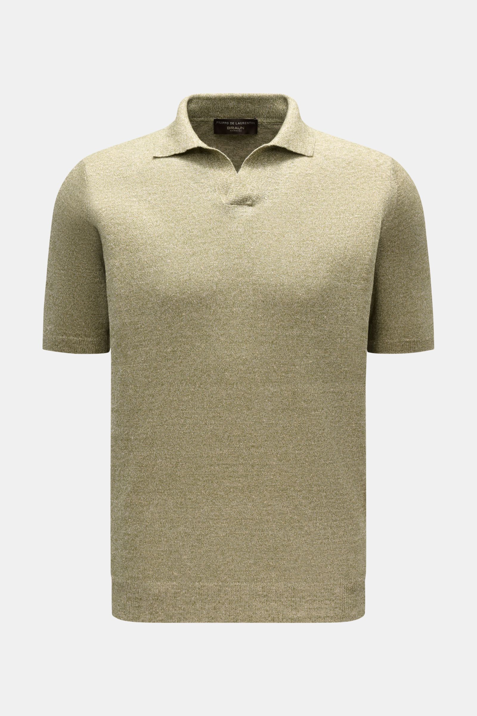 Filippo de Laurentiis Kurzarm-Strickpolo „Skipper“ grün/creme meliert, Slim Fit, Leinen-Baumwoll-Mix, weicher Griff, klassischer Polokragen, offene Kragenleiste, Rippbündchen, frontale Ansicht.