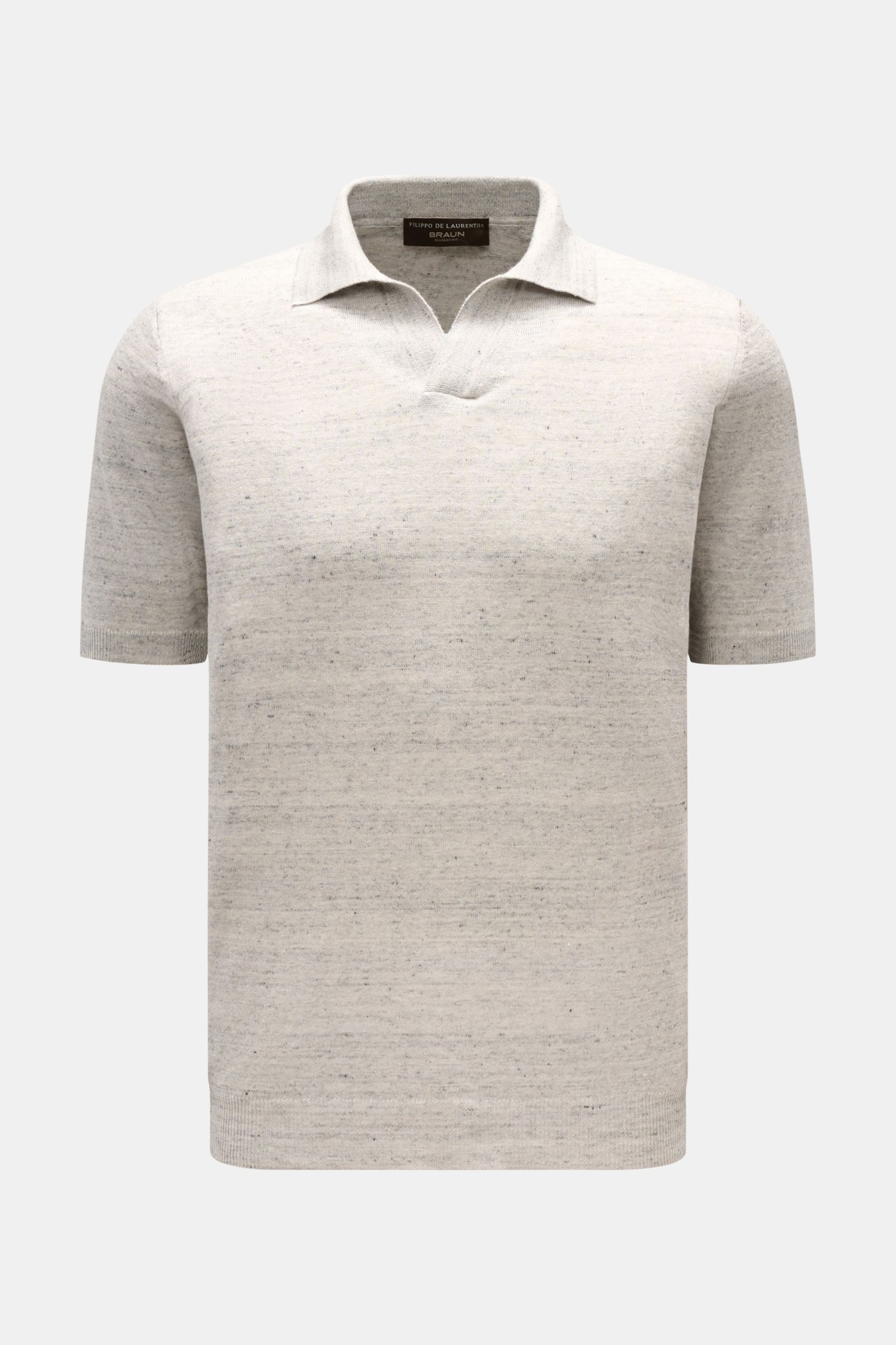 Filippo de Laurentiis Kurzarm-Strickpolo 'Skipper' grau/anthrazit meliert, slim fit, zweifarbige Melangeoptik, Polokragen, offene Kragenleiste, Rippbündchen, aus Leinen-Baumwoll-Mix, weich, feines Strickbild, frontal fotografiert.