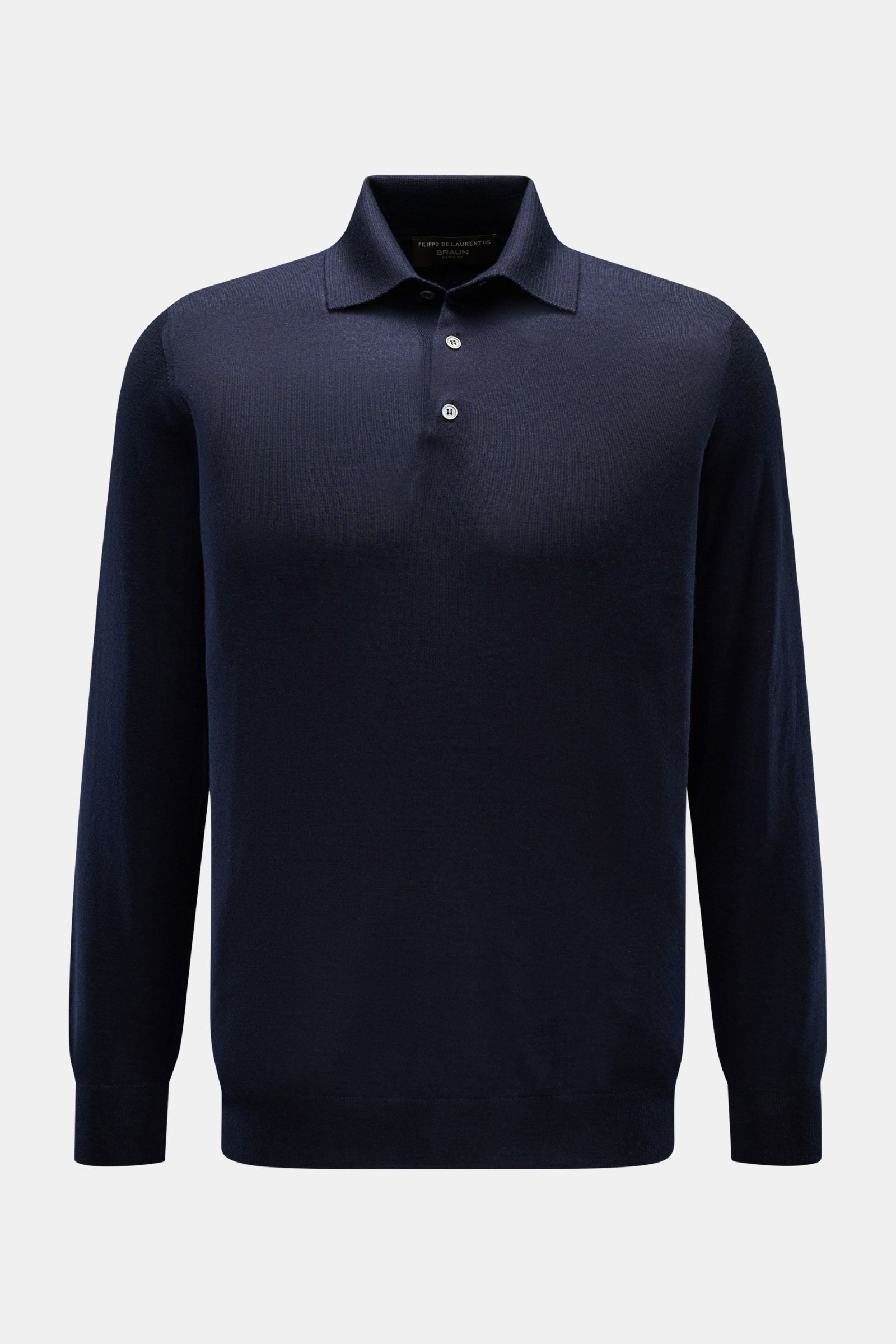 Filippo de Laurentiis Strickpolo navy, slim Fit, aus Cashmere-Seiden-Mix mit Polokragen, Drei-Knopf-Leiste, Rippbündchen, frontal fotografiert.