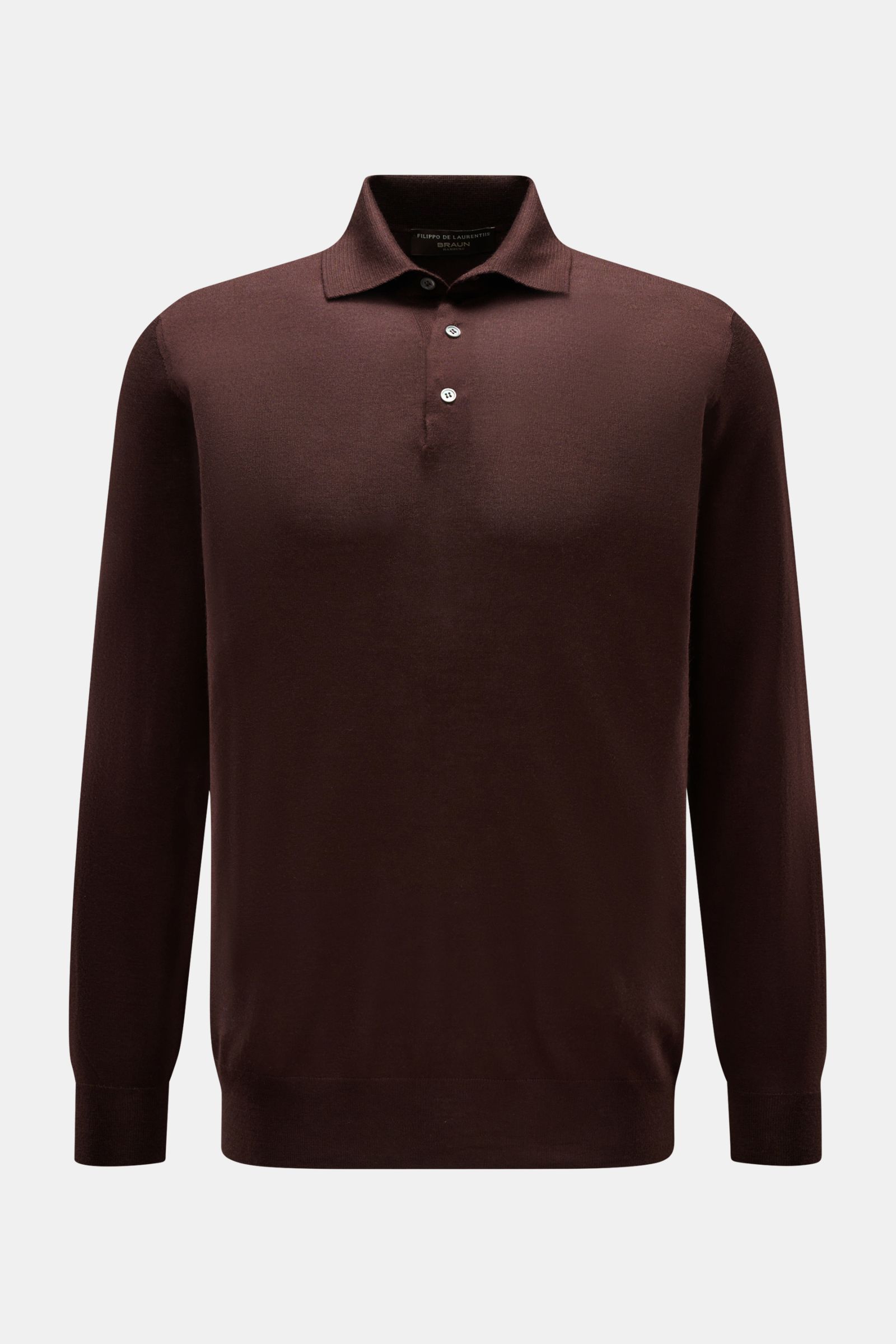 Filippo de Laurentiis Strickpolo dunkelbraun, Slim Fit, aus Cashmere-Seiden-Mix, feines Strickbild, Polokragen, Drei-Knopf-Leiste, Rippbündchen, frontale Ansicht.