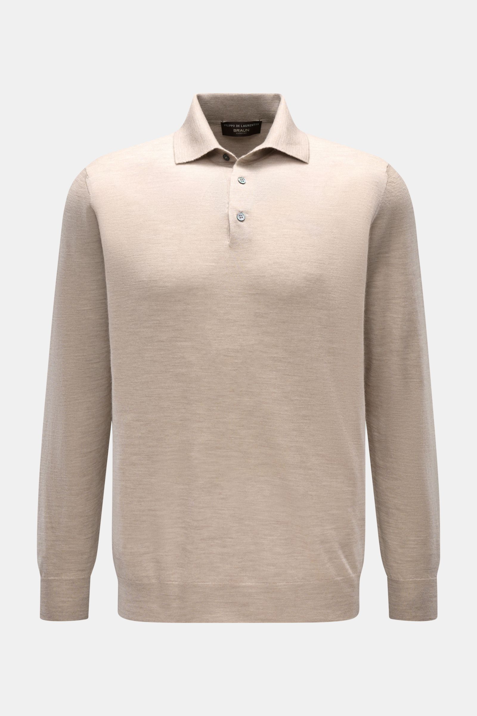 Filippo de Laurentiis Strickpolo beige meliert, Slim Fit, aus Cashmere-Seiden-Mix, vorne mit Drei-Knopf-Leiste, Rippbündchen, frontale Sicht.