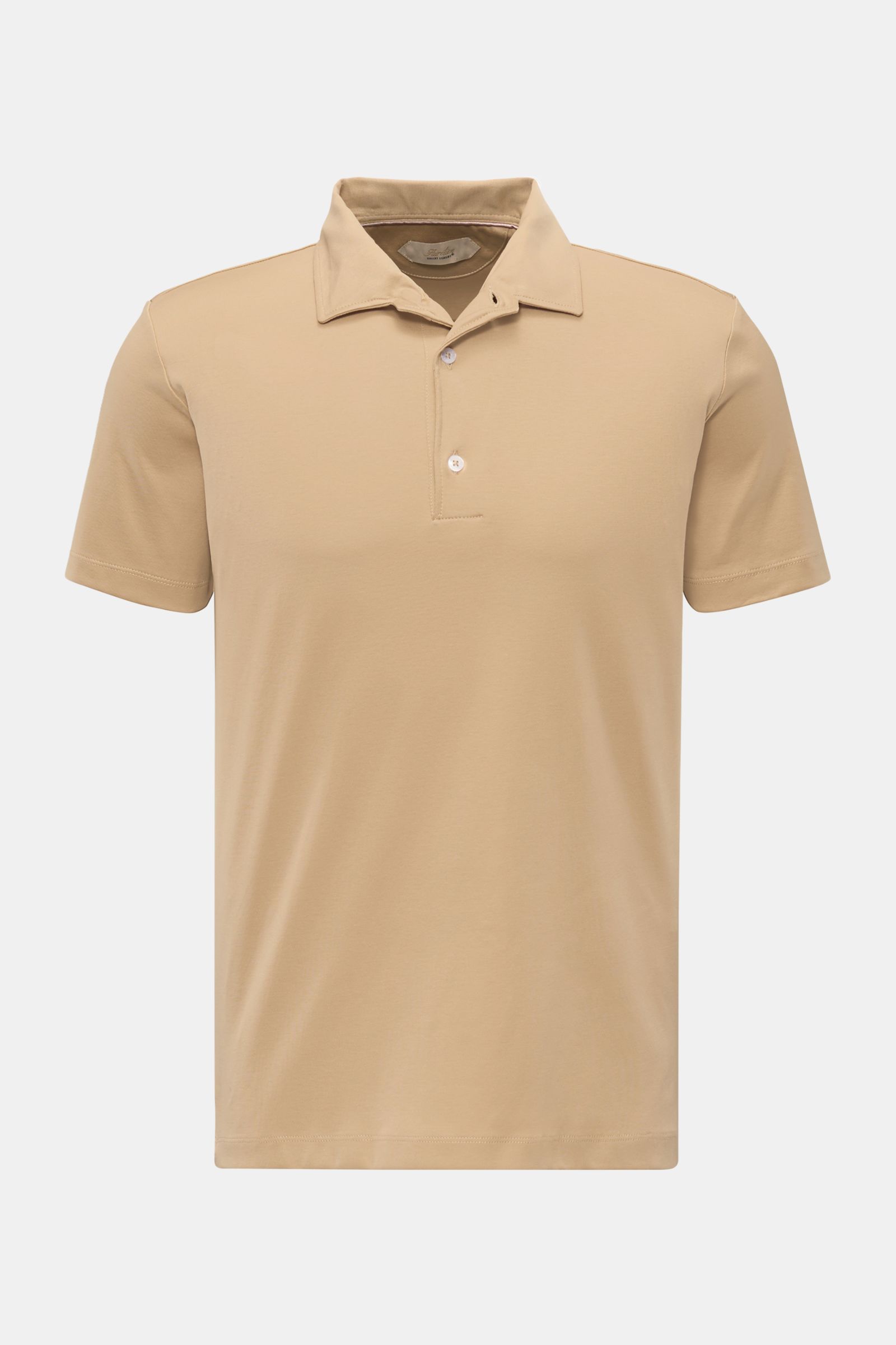 Aurélien Jersey Poloshirt beige, Slim Fit, aus ägyptischer Baumwolle, kurzarm, Polokragen, Drei-Knopf-Leiste, Sportmanschette, frontale Aufnahme.