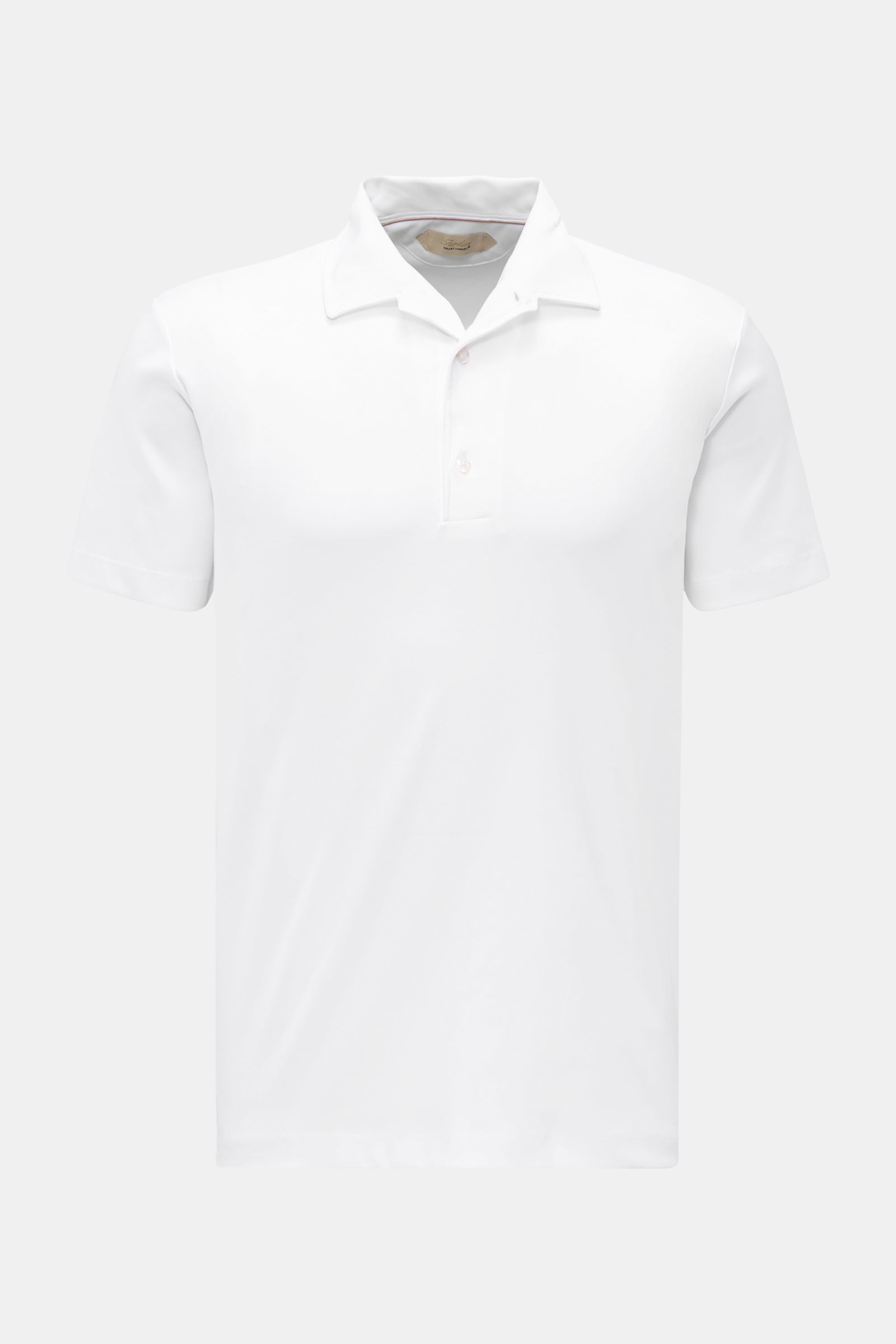 Aurélien Jersey Poloshirt weiß, Slim Fit, kurze Saumschlitze, Drei-Knopf-Leiste, klassischer Polokragen, weicher Jersey aus ägyptischer Baumwolle, frontale Perspektive.