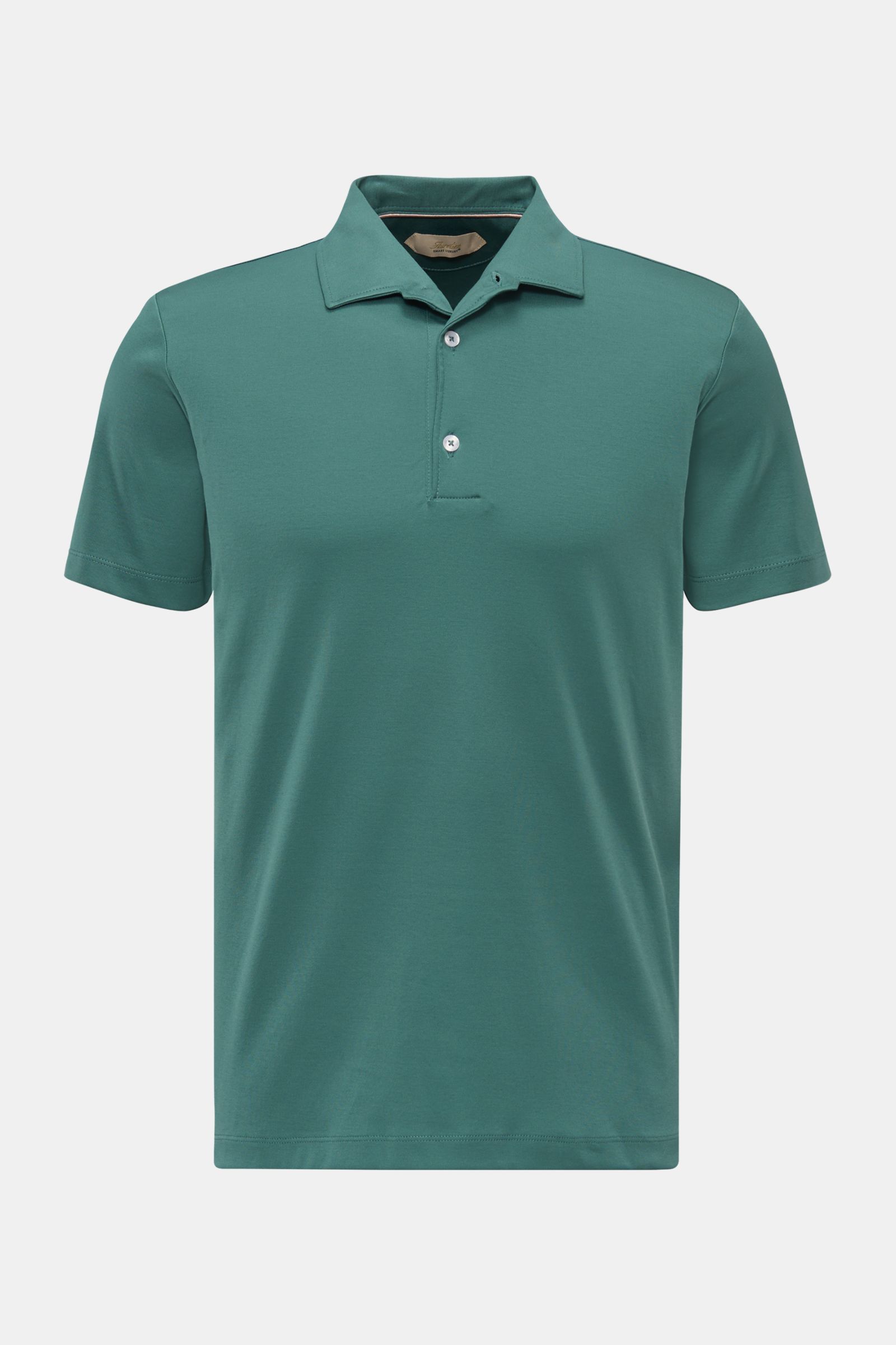 Aurélien Jersey Poloshirt graugrün, frontal fotografiert, Slim Fit, ägyptische Baumwolle, Polokragen, Drei-Knopf-Leiste, kurze Ärmel, Saumschlitze, dezentes Logo-Stitching.