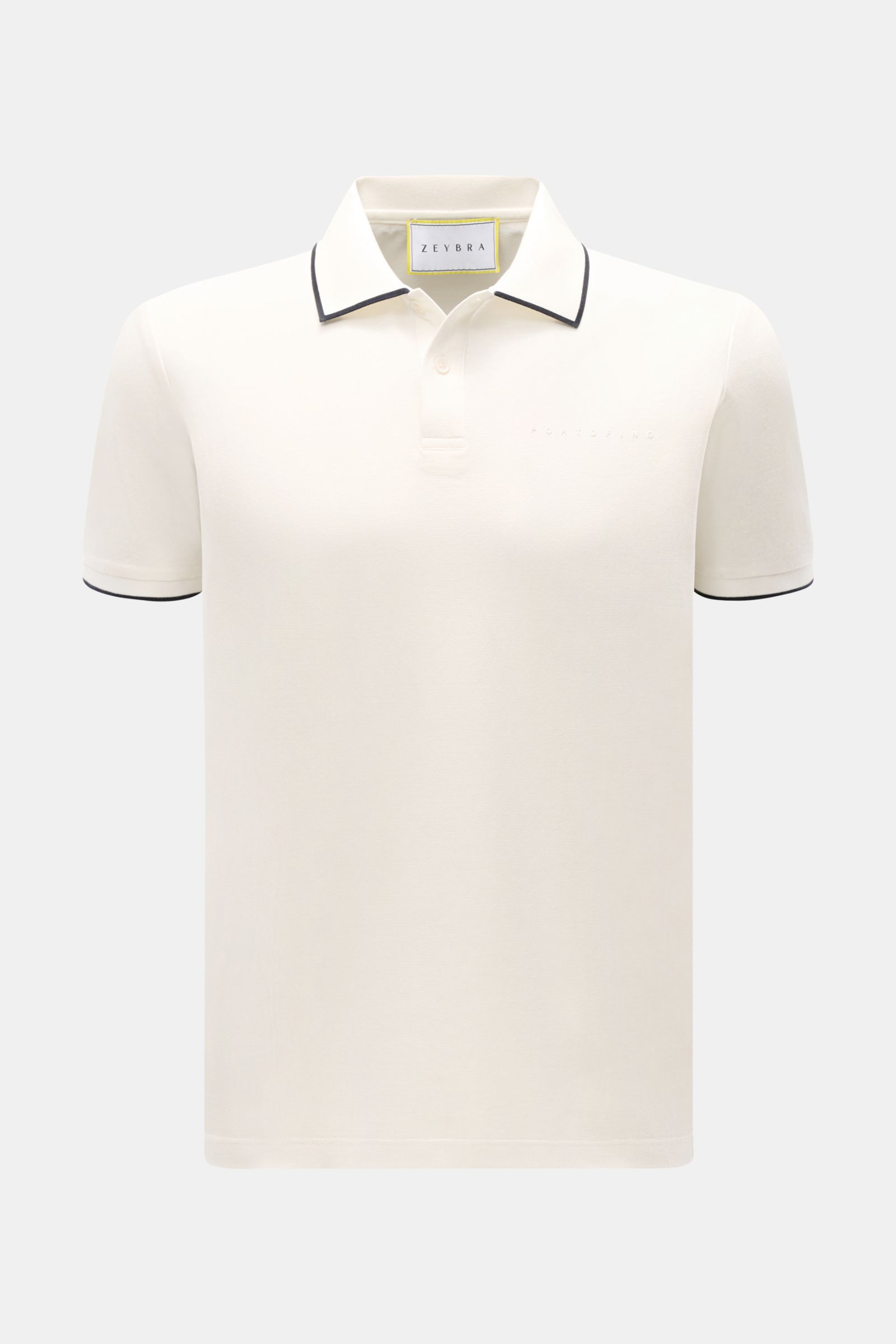 Zeybra Portofino 1962 Poloshirt offwhite, frontal fotografiert, Slim Fit aus Baumwoll-Piqué mit Kontrastkanten, zwei Knöpfen, Logo und Bündchen.