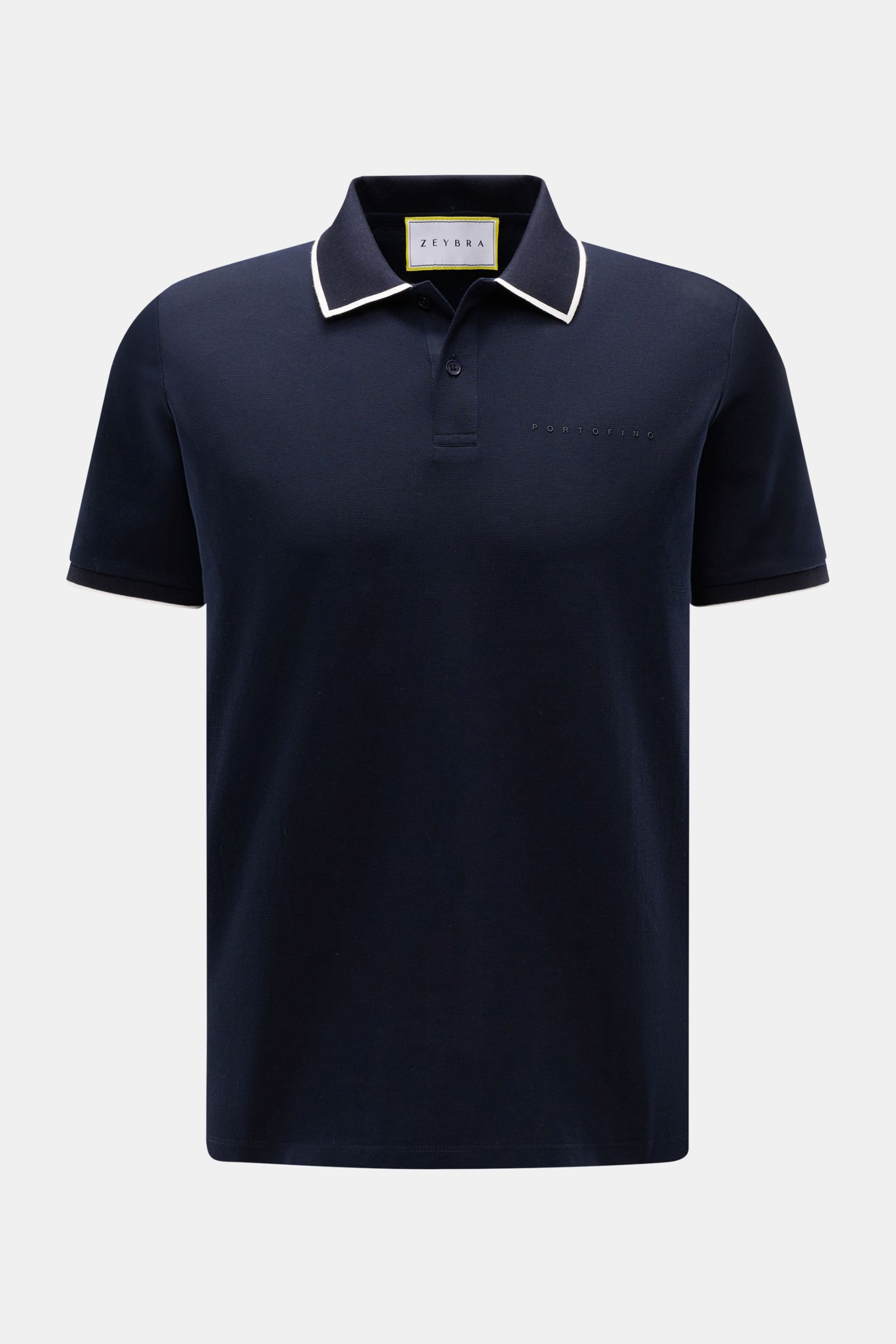 Zeybra Portofino 1962 Poloshirt navy in Slim Fit, aus Baumwoll-Piqué, Frontansicht mit Kontrastkanten am Kragen und Ärmeln, Logo ton-in-ton.
