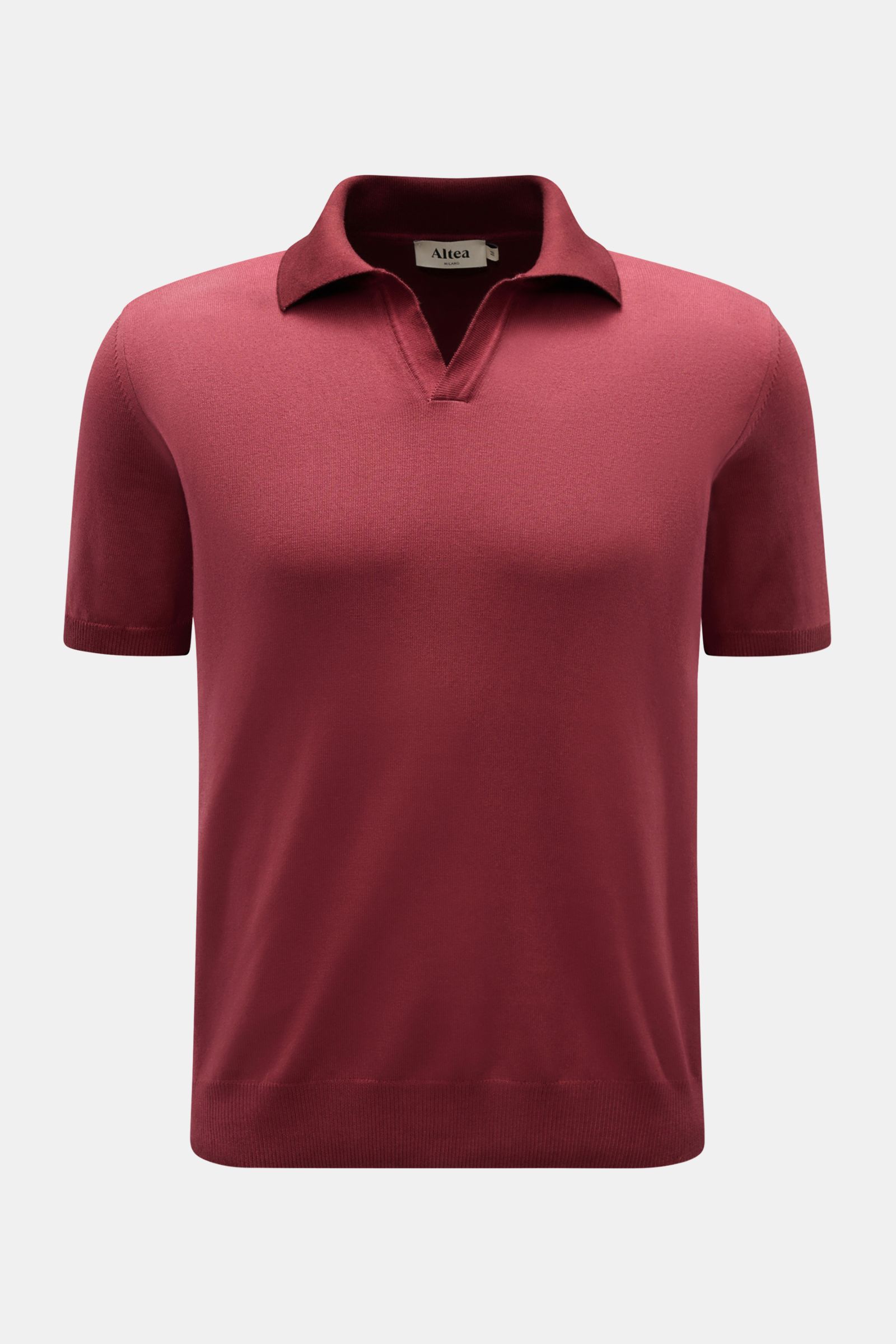 Altea Kurzarm-Strickpolo bordeaux, slim fit aus reiner Baumwolle, weicher Griff, feines Strickbild, klassischer Polokragen, offene Kragenleiste, Rippbündchen, Frontansicht.