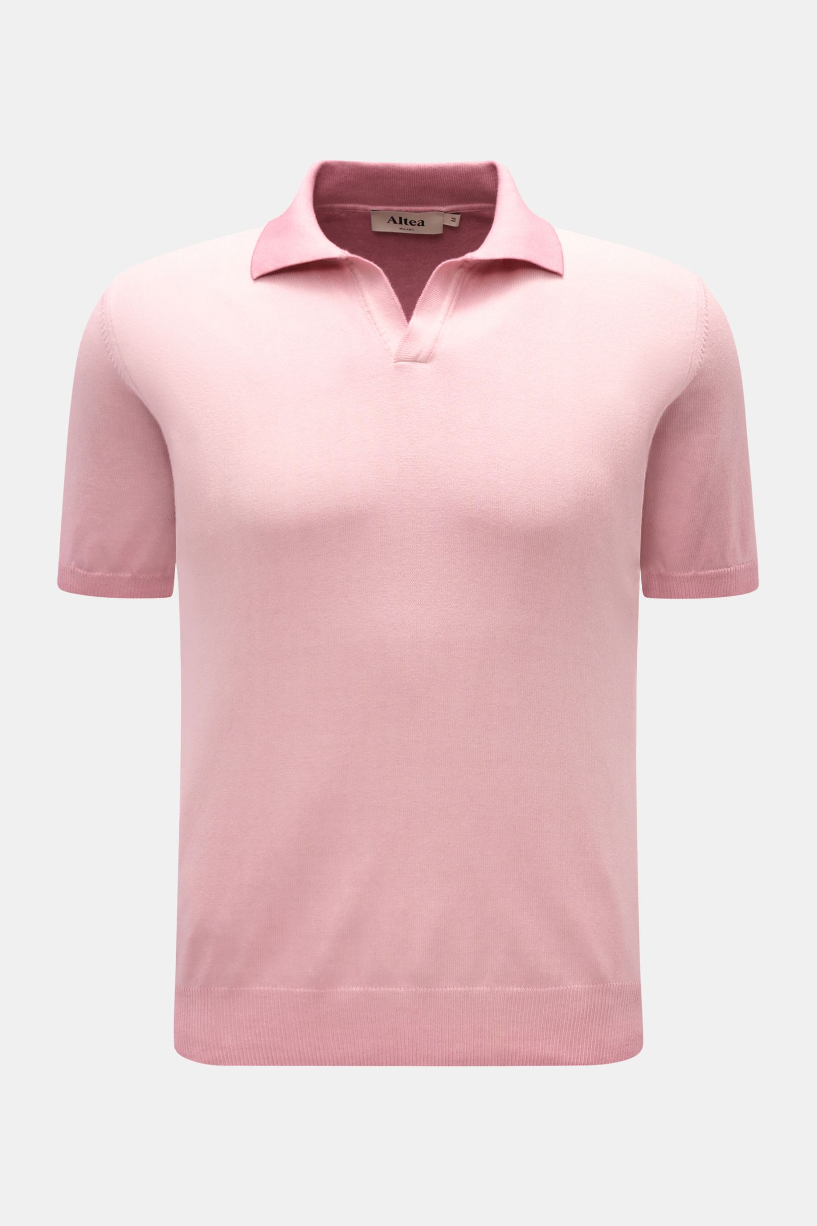 Altea Kurzarm-Strickpolo rosé, frontale Ansicht, Slim Fit, reine Baumwolle, weicher Griff, feines Strickbild, Polokragen, offene Kragenleiste, Rippbündchen.