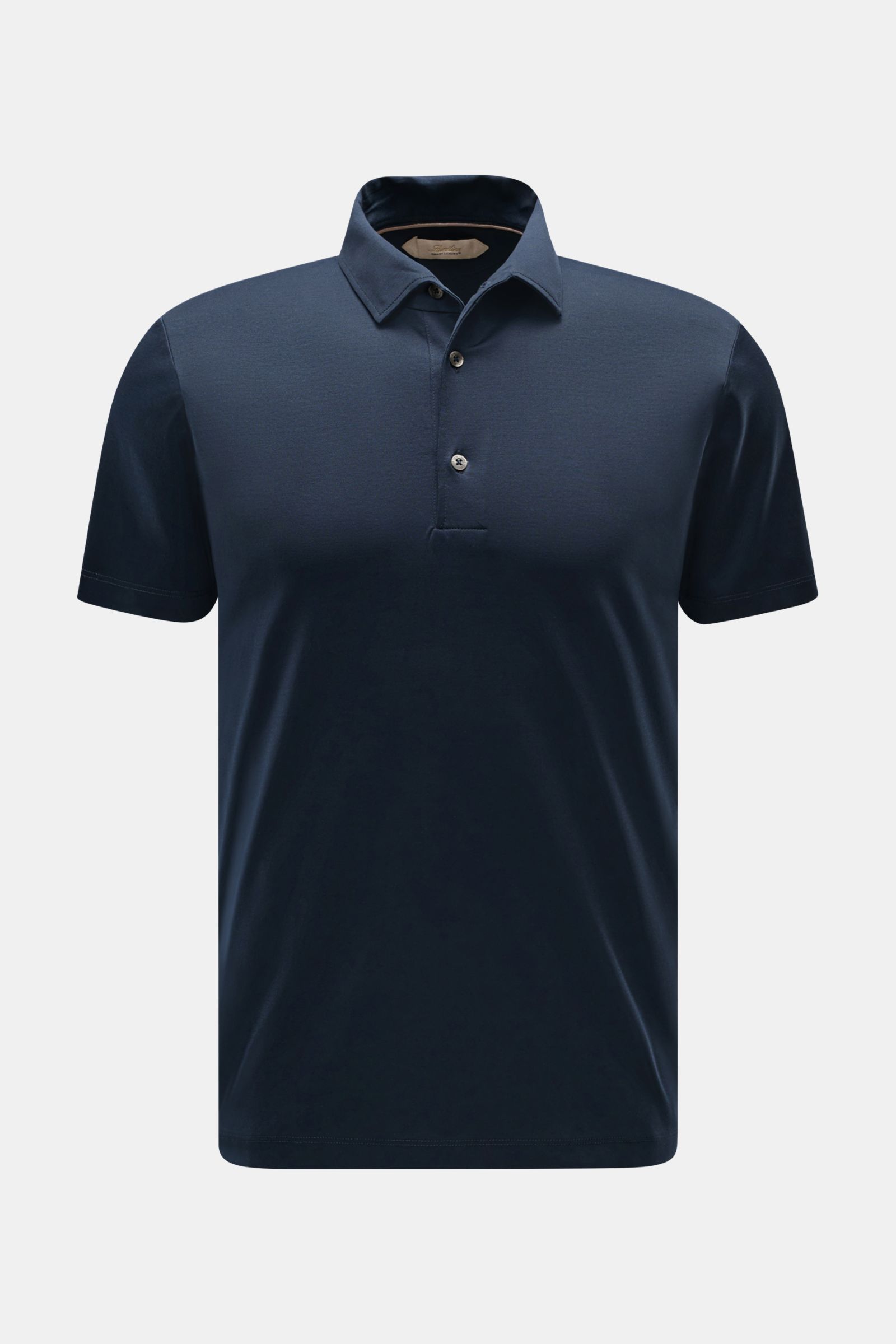 Front view of Aurélien Jersey-Poloshirt navy, a versatile spring and summer basic made of pure, long-staple Egyptian cotton with a smooth, cool touch, slim fit, tailored polo collar, three-button placket, and short side slits.