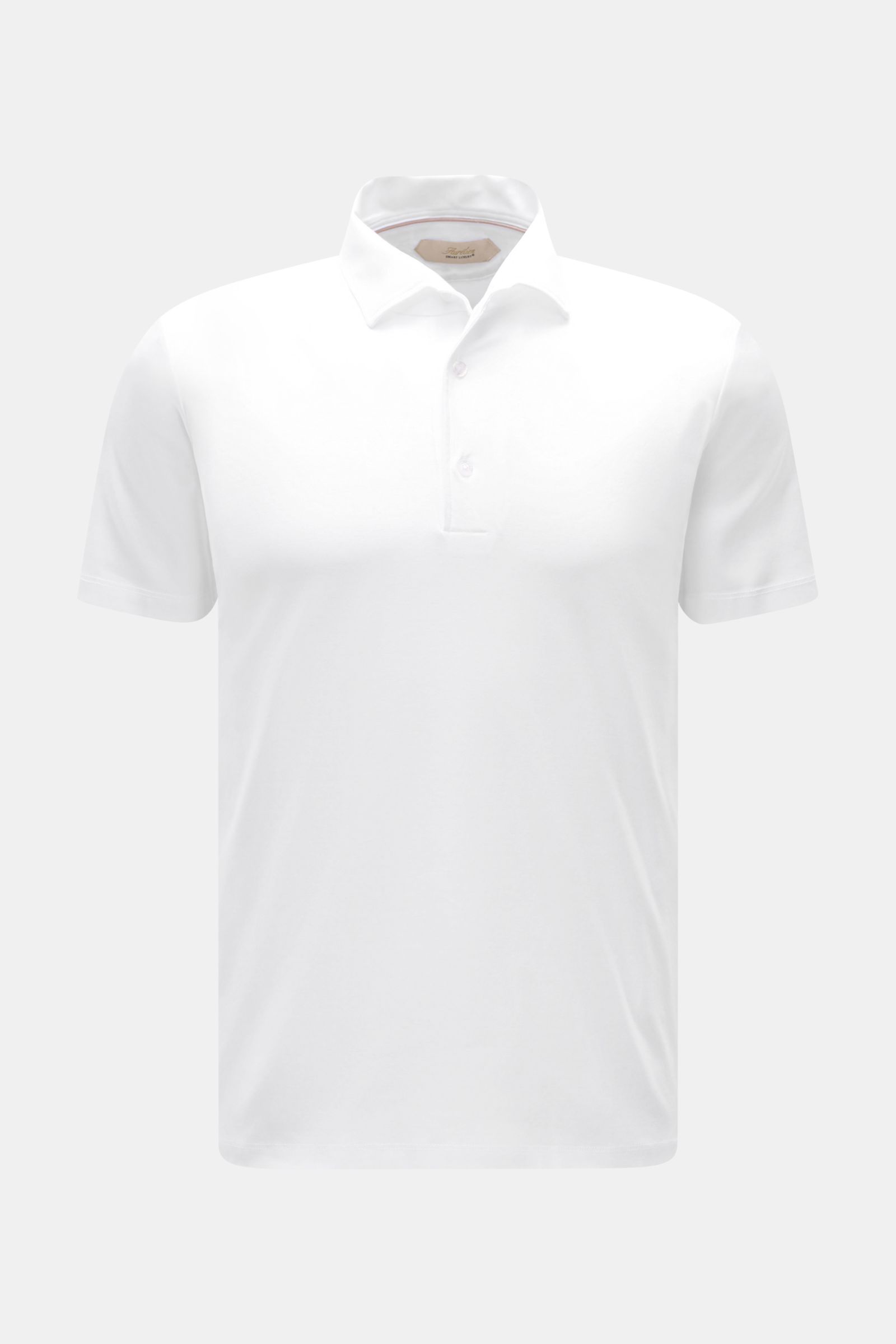 Front view of Aurélien Jersey-Poloshirt weiß, a versatile basic for spring and summer made of pure, long-staple Egyptian cotton with a smooth, cool touch. Features include slim fit, tailored polo collar, three-button placket, and short side slits.