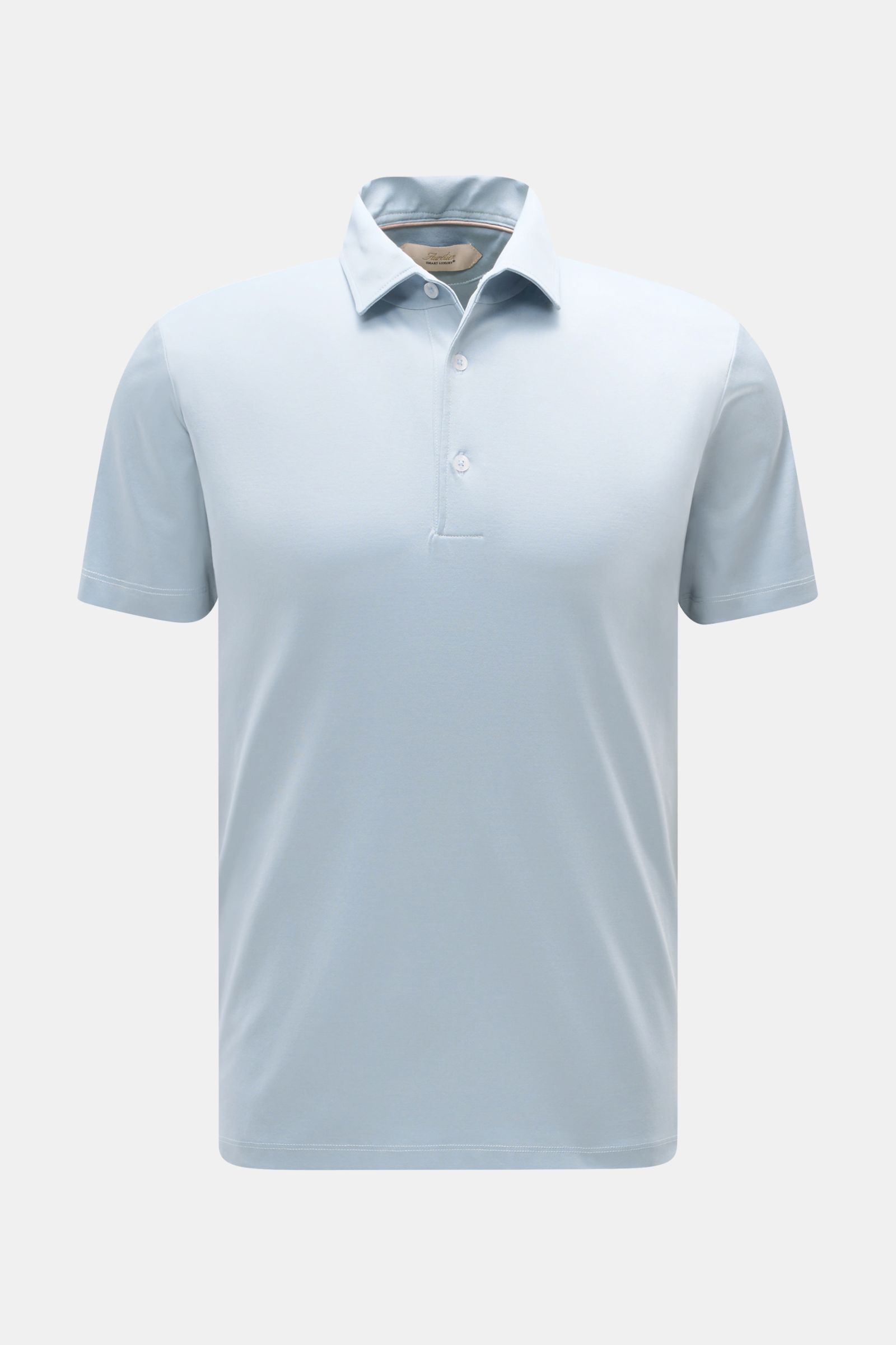 Front view of a light blue Aurélien Jersey-Poloshirt hellblau made from pure Egyptian cotton, slim fit with a smooth, cool touch, featuring a tailored polo collar, three-button placket, and short side slits. Versatile basic for spring and summer.