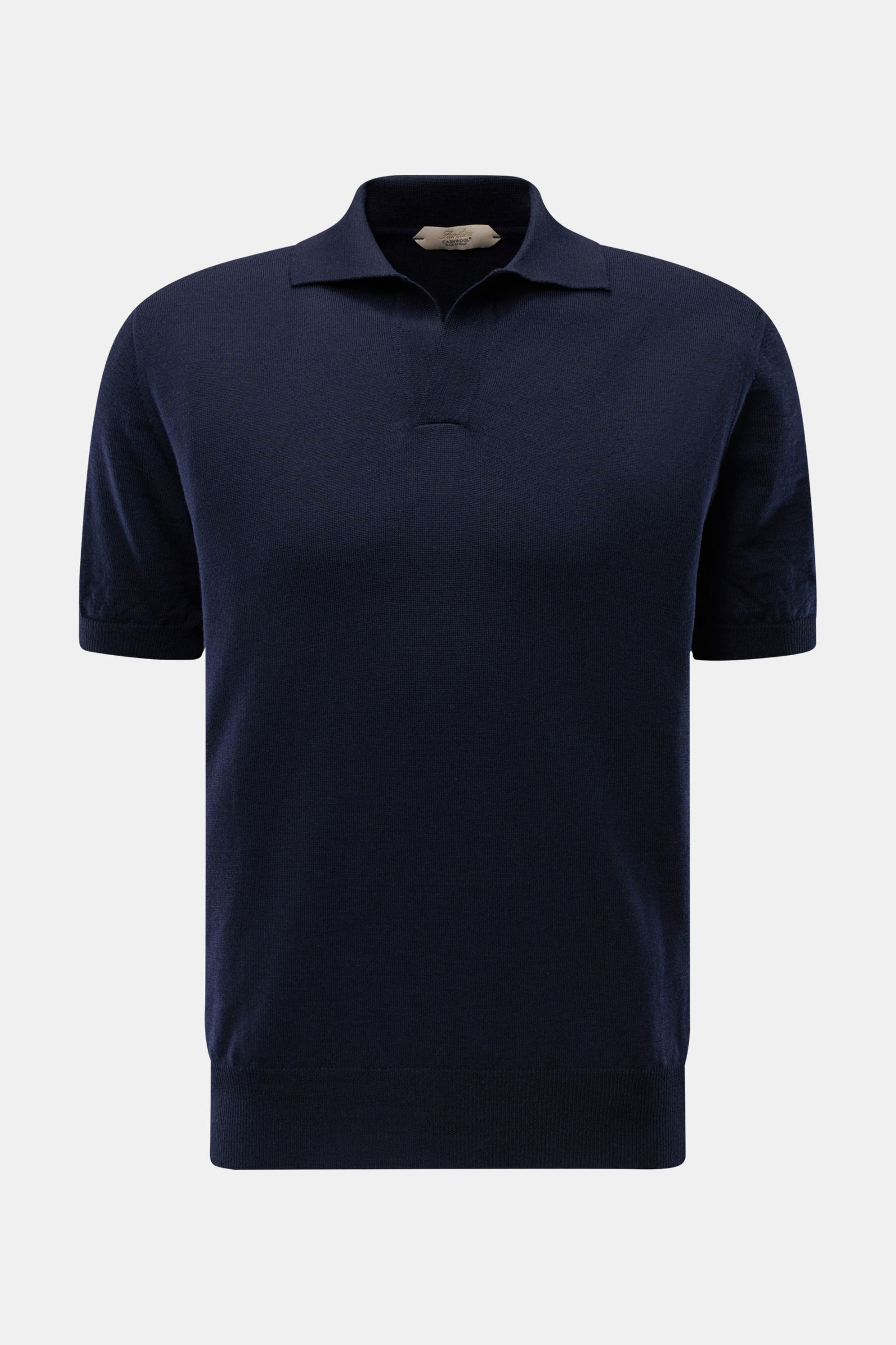 Front view of Aurélien Kurzarm-Strickpolo 'Cashwool' navy, a slim fit short-sleeve knit polo made from pure merino wool, featuring a soft touch, fine knit texture, classic polo collar, open placket, and comfortable ribbed cuffs.