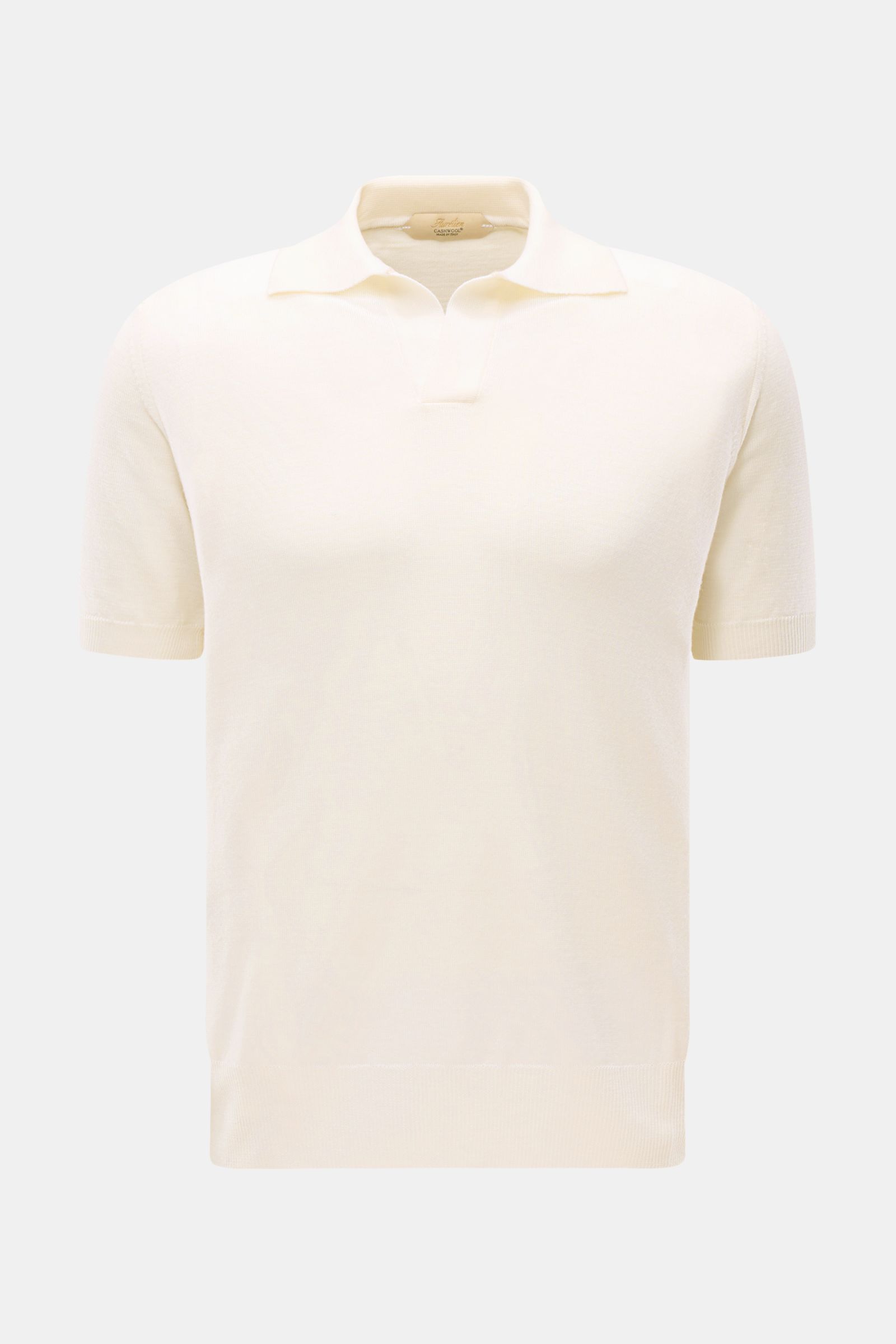 Front view of Aurélien Kurzarm-Strickpolo 'Cashwool' offwhite, a spring essential made of pure Merino wool with a soft touch, fine knit, slim fit, classic polo collar, open placket, and comfortable ribbed cuffs.