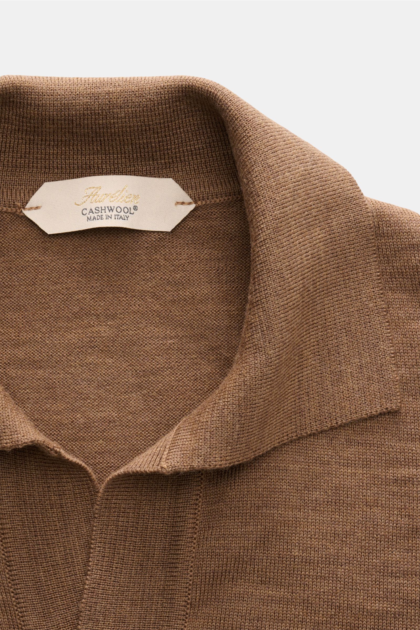 Close-up front view of Aurélien Strickpolo 'Cashwool' braun, a brown knit polo with classic collar, open placket, and soft ribbed cuffs made of pure Merino wool. Frühlings-Essential: Das Strickpolo von AURÉLIEN aus exklusiver 'Cashwool'-Merinowolle ver