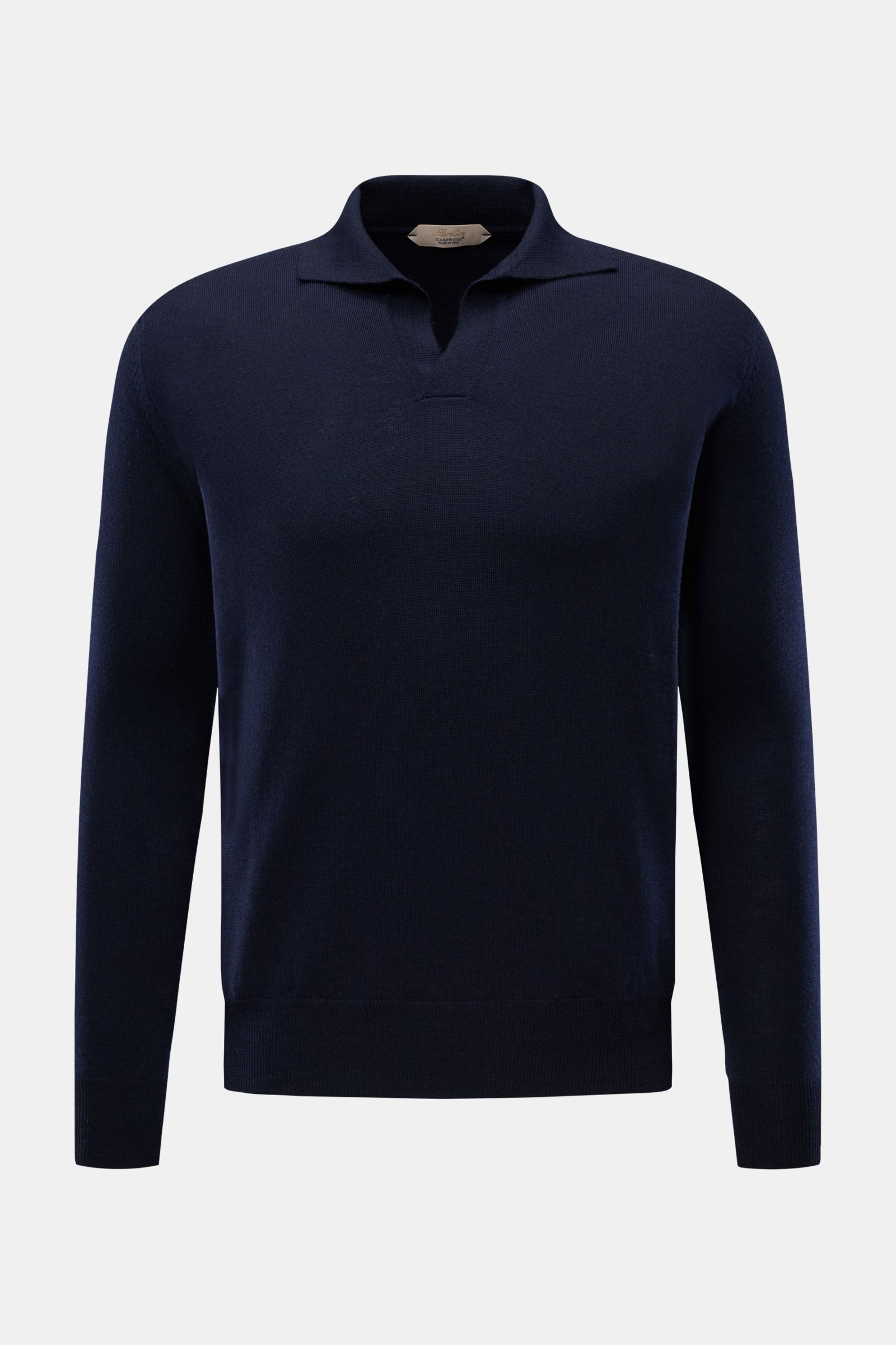 Front view of Aurélien Strickpolo 'Cashwool' navy, a slim fit spring essential in pure Merino wool with soft touch, fine knit, classic polo collar, open placket, and comfortable ribbed cuffs.