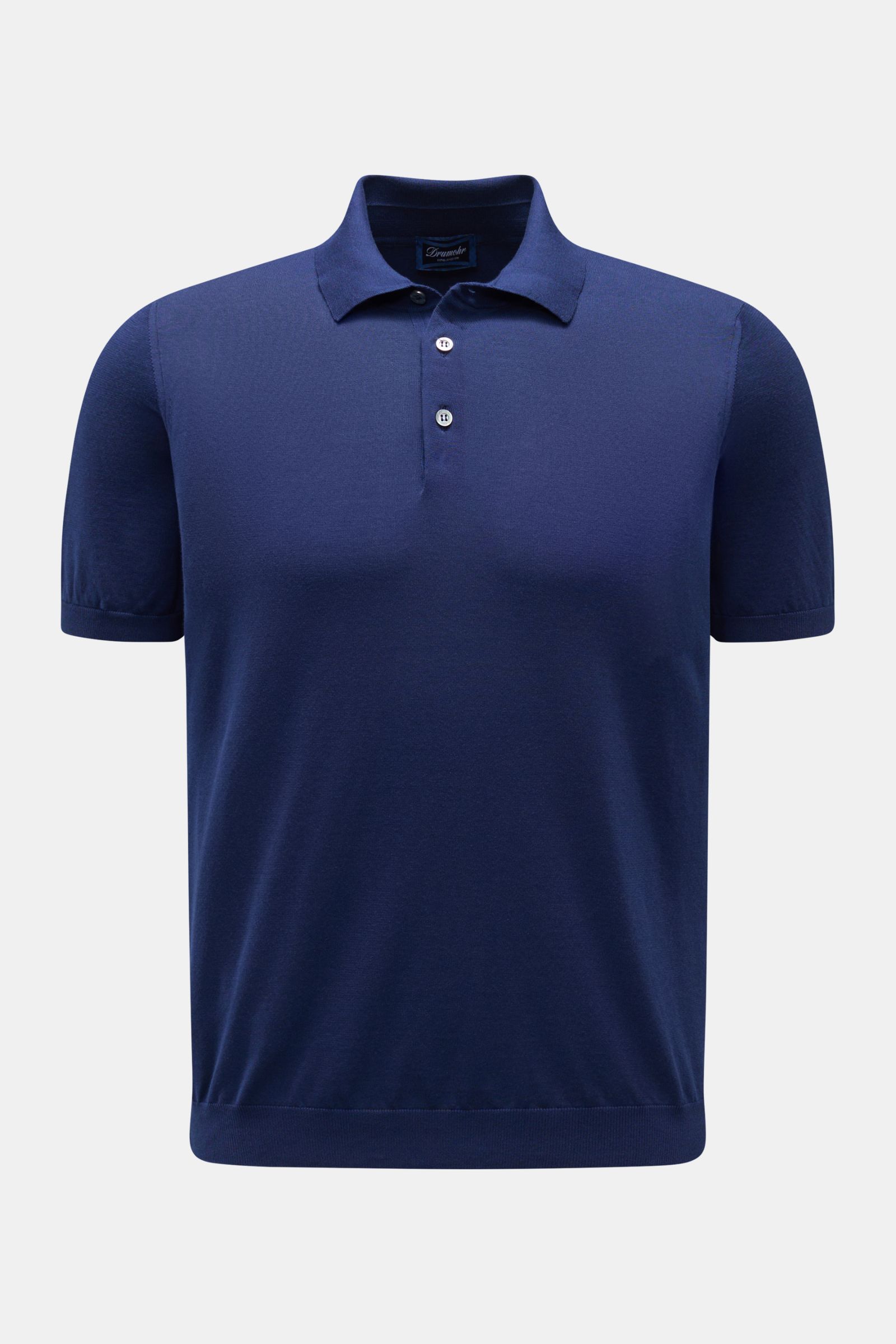 Drumohr Kurzarm-Strickpolo navy, Slim Fit, feiner Baumwoll-Feinstrick mit Polokragen, Drei-Knopf-Leiste, elastischen Rippbündchen, frontal fotografiert.