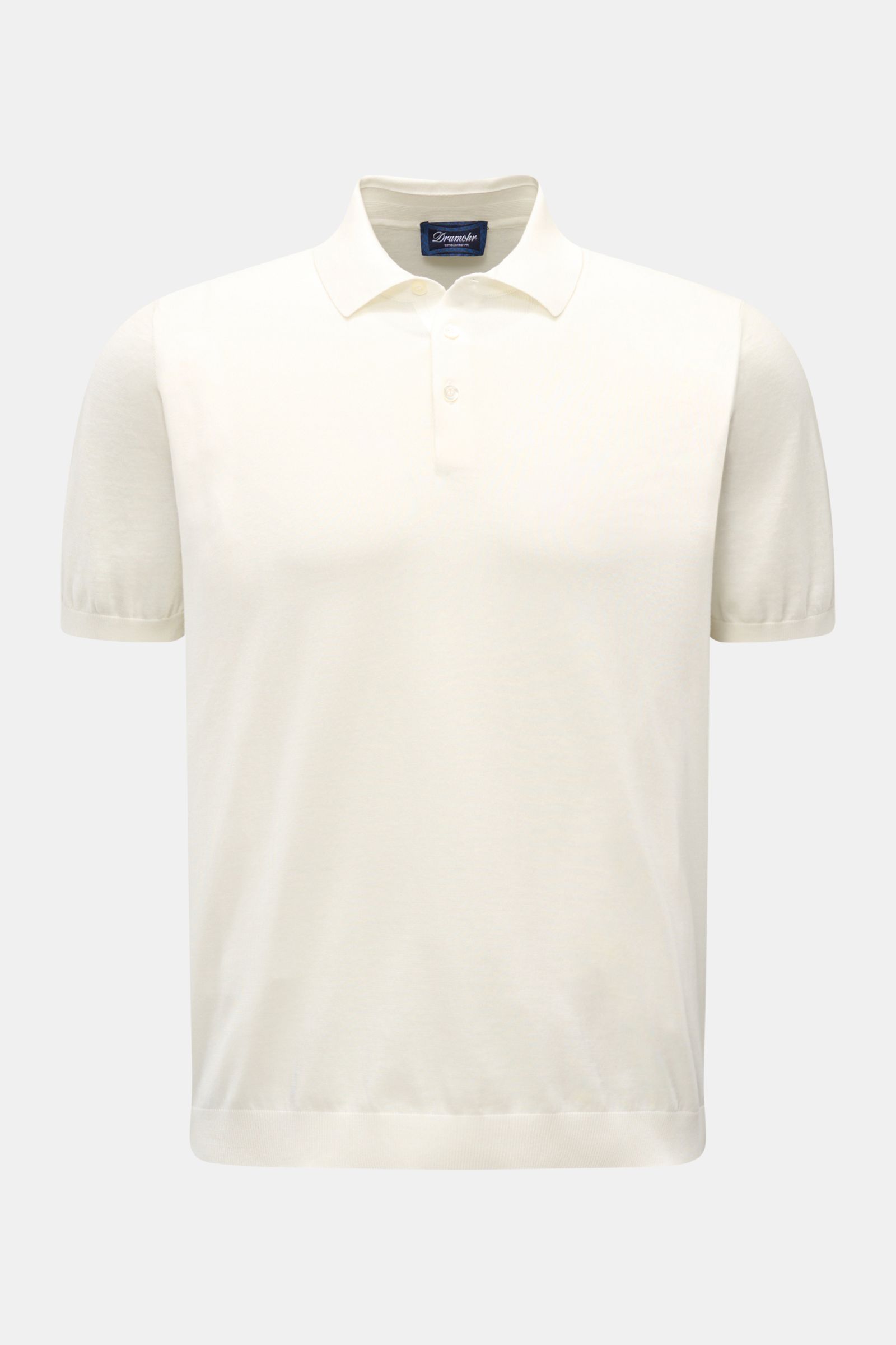 Drumohr Kurzarm-Strickpolo offwhite, frontal, Slim Fit, feines Baumwoll-Feinstrickpolo mit Polokragen, Drei-Knopf-Leiste und elastischen Rippbündchen.