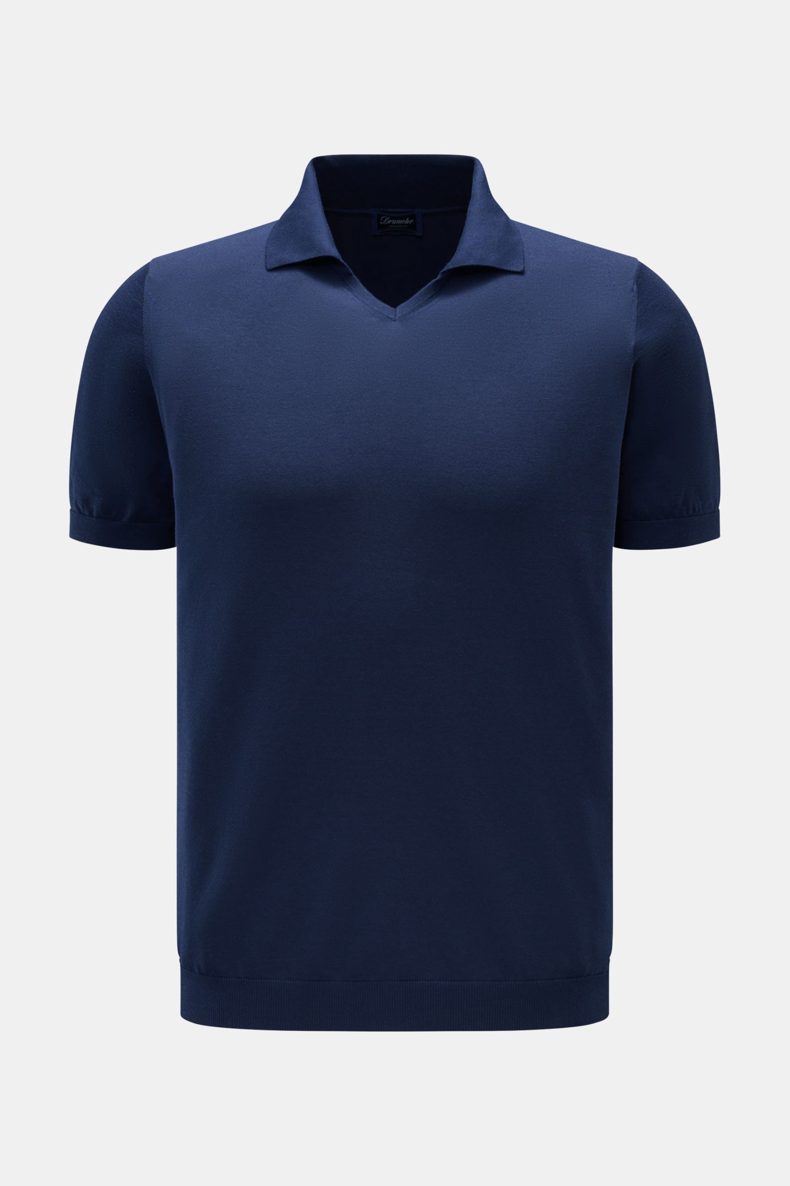 Drumohr Kurzarm-Strickpolo dunkelblau, frontale Nahaufnahme, feiner Baumwoll-Feinstrick mit offenem Polokragen, Regular Fit, elastische Bündchen.