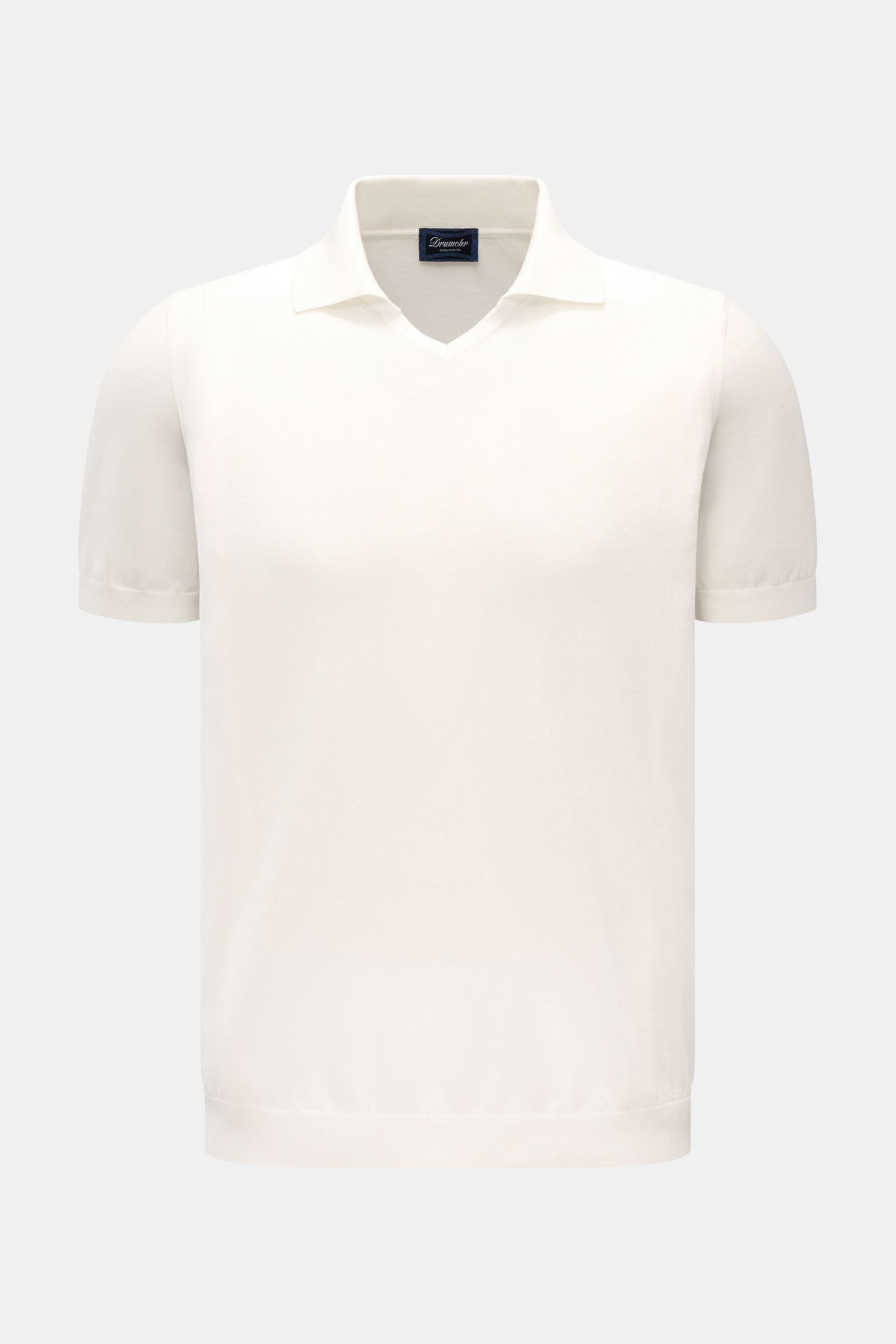 Front view of Drumohr Short sleeve knit polo shirt off-white in fine pure cotton with open collar placket and elasticated ribbed bands.

Description: A fine essential from label DRUMOHR: This Italian-made short sleeve knit polo is made of comfortably s
