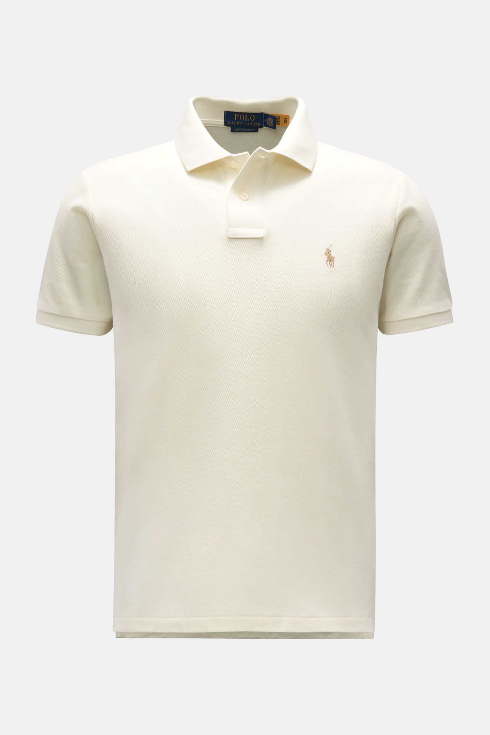 Polo Ralph Lauren Poloshirt creme, frontale Ansicht, Slim Fit, Piqué aus reiner Baumwolle mit Poloreiter-Stitching, Polokragen, Zwei-Knopf-Leiste, elastische Ärmelbündchen, seitliche Saumschlitze, hinten länger.