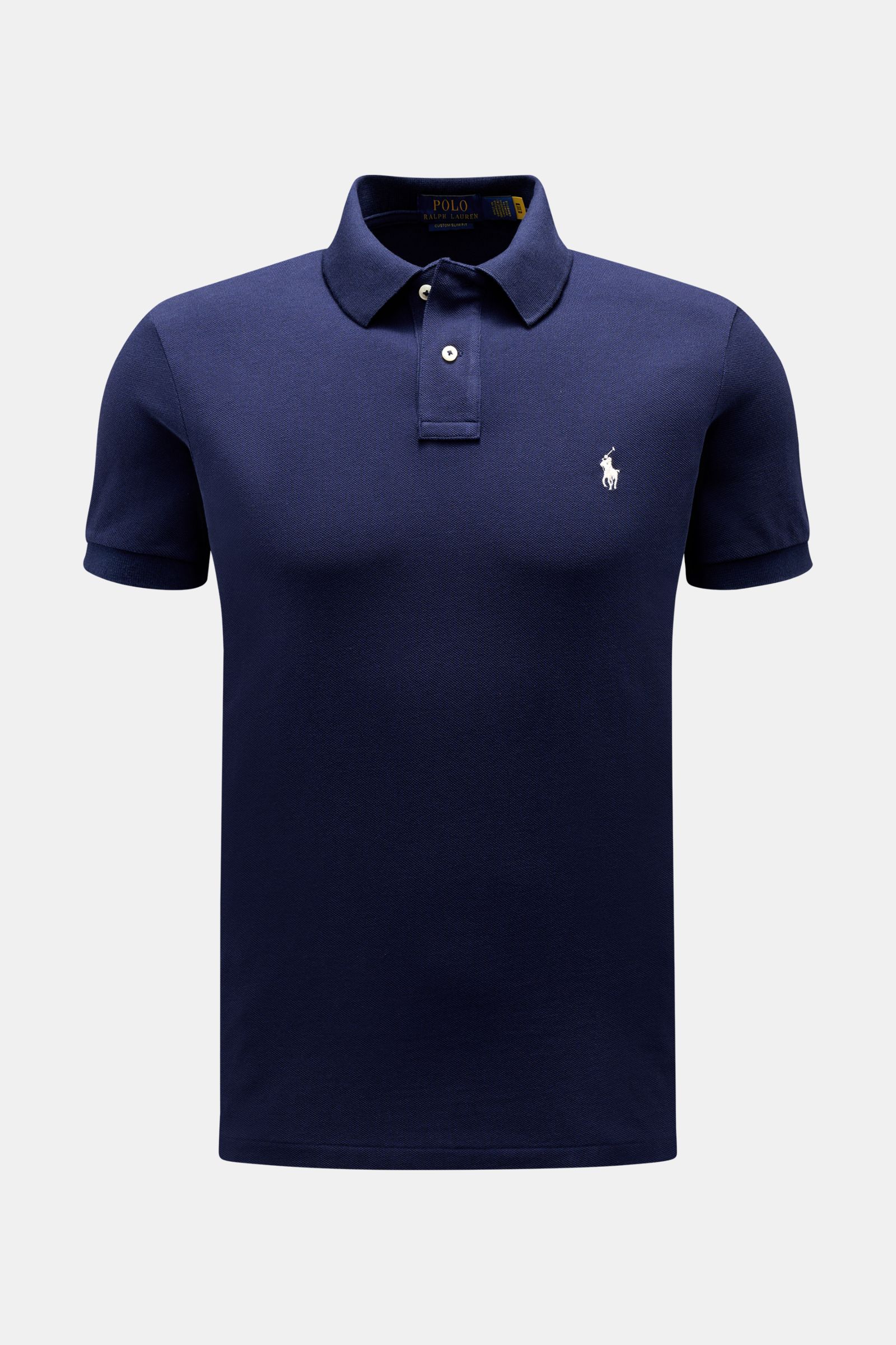 Polo Ralph Lauren Polo shirt navy shown front view, classic pure cotton piqué, slim fit, two-button placket, elasticated cuffs, side vents, iconic polo rider logo on chest. The classic among polo shirts since 1972: The iconic pure cotton piqué model wi