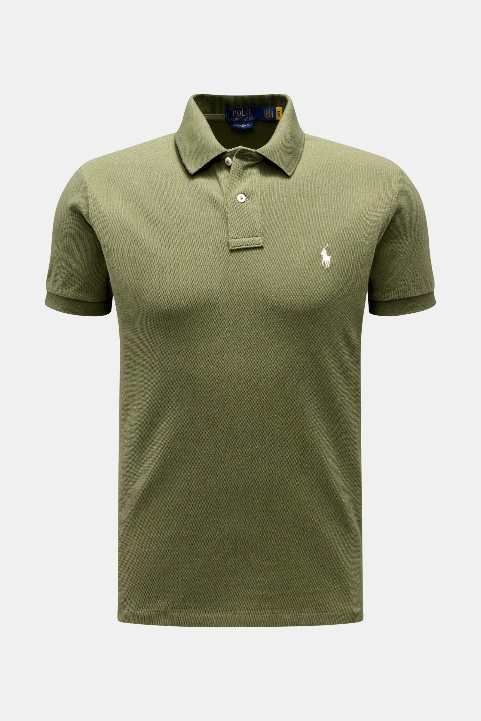 Front view of Polo Ralph Lauren Polo shirt olive, showcasing the classic pure cotton piqué fabric with fine texture. The slim fit shirt features a signature polo collar, patch two-button placket, elasticated cuffs, and the iconic polo rider logo stitched 