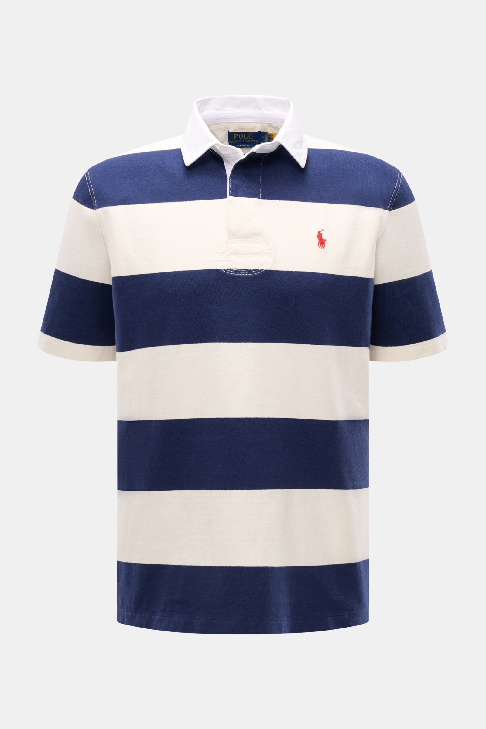 Front view of Polo Ralph Lauren Polo shirt navy/off-white striped with white collar and red logo stitching on chest.

The absolute classic among polo shirts since 1972: The iconic pure cotton polo shirt with the legendary polo rider stitching on the ch