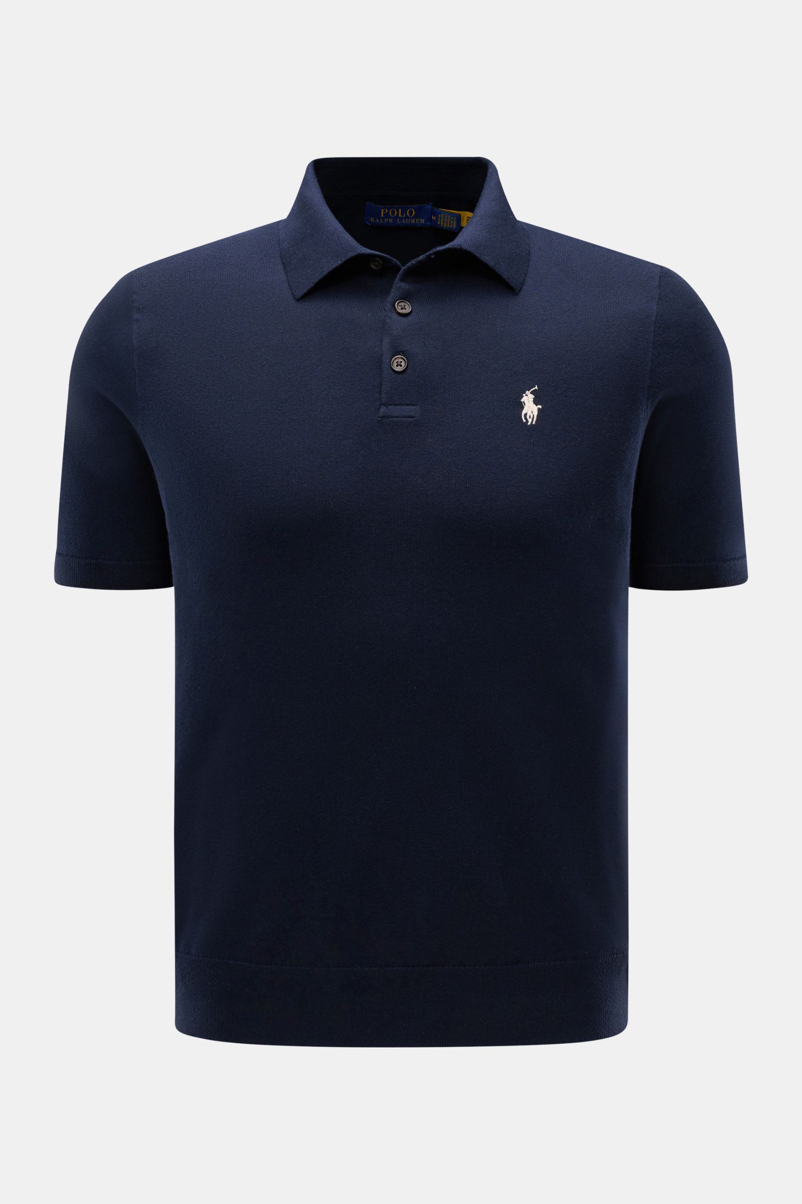 Polo Ralph Lauren Kurzarm-Strickpolo navy, frontale Nahaufnahme, Feinstrick, Slim Fit, Polokragen, Drei-Knopf-Leiste, Logo-Stitching, elastische Bündchen und Bund.