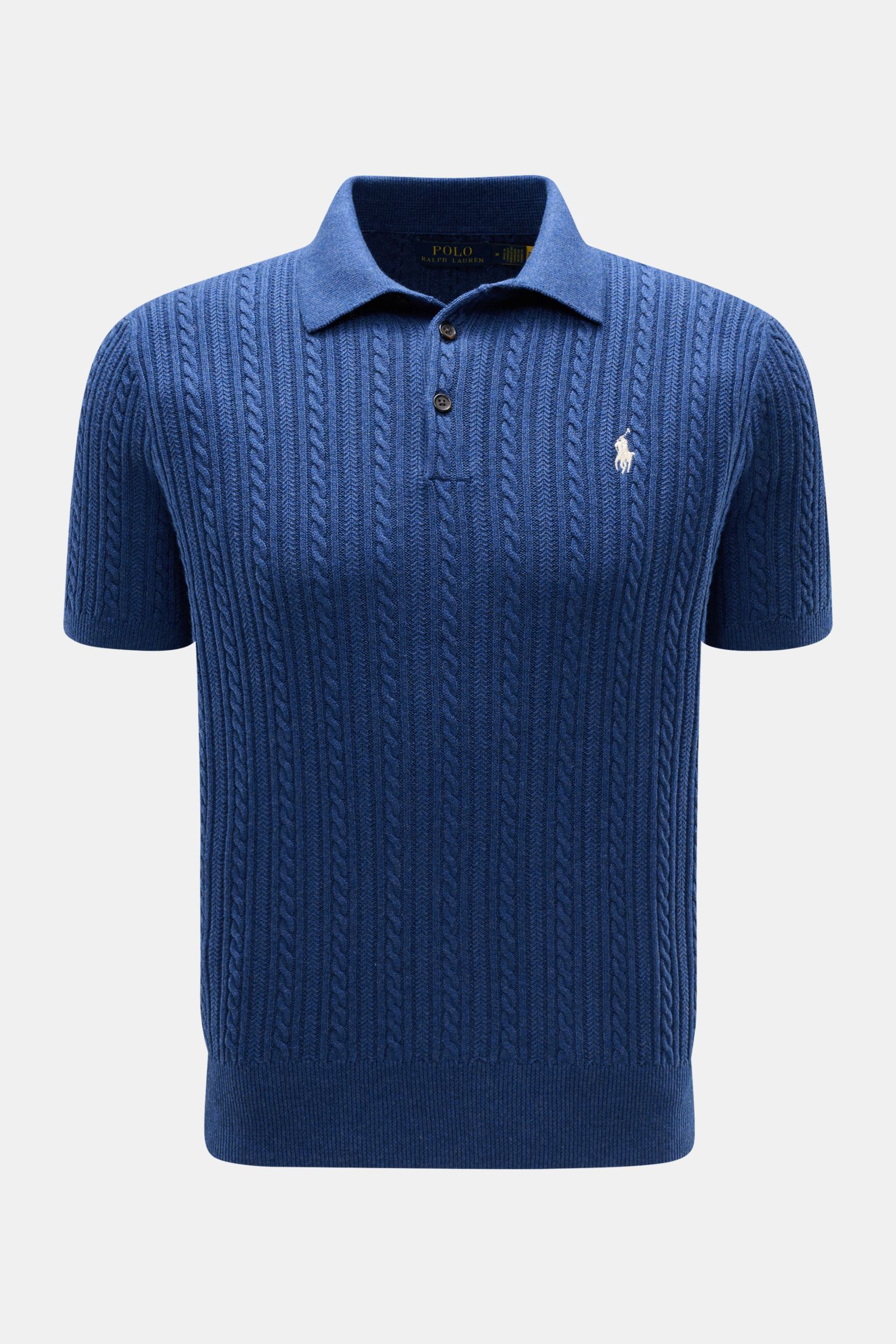 Alt tag (125 characters max): Front view of Polo Ralph Lauren Short sleeve knit polo shirt navy with cable knit pattern and button placket.

Versatile classic: This short-sleeved knit polo by POLO RALPH LAUREN delivers maximum comfort and catches the e