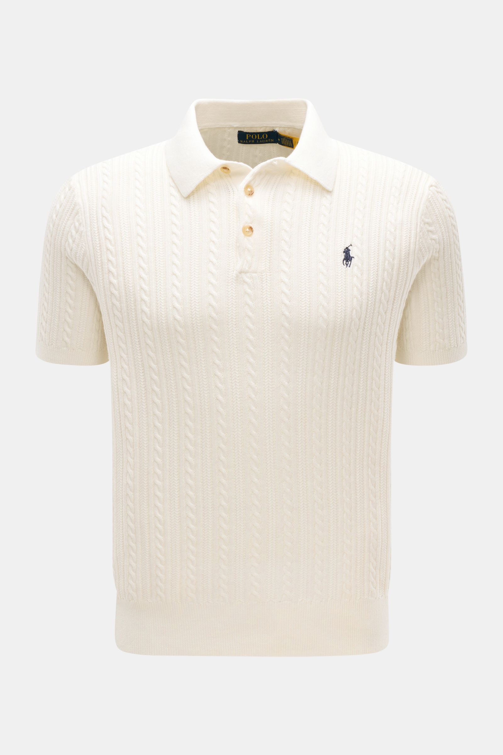 Front view of Polo Ralph Lauren Short sleeve knit polo shirt off-white with cable knit pattern, three-button placket, and logo stitching.

Versatile classic: This short-sleeved knit polo by POLO RALPH LAUREN delivers maximum comfort and catches the eye