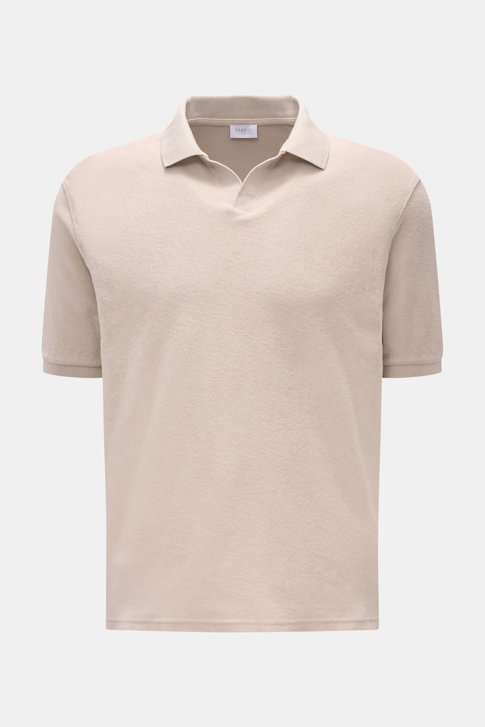 Front view of the 04651/ A trip in a bag Terry polo shirt 'Terry Johnny' beige, short sleeve, cotton terry, soft feel, regular fit, open collar.