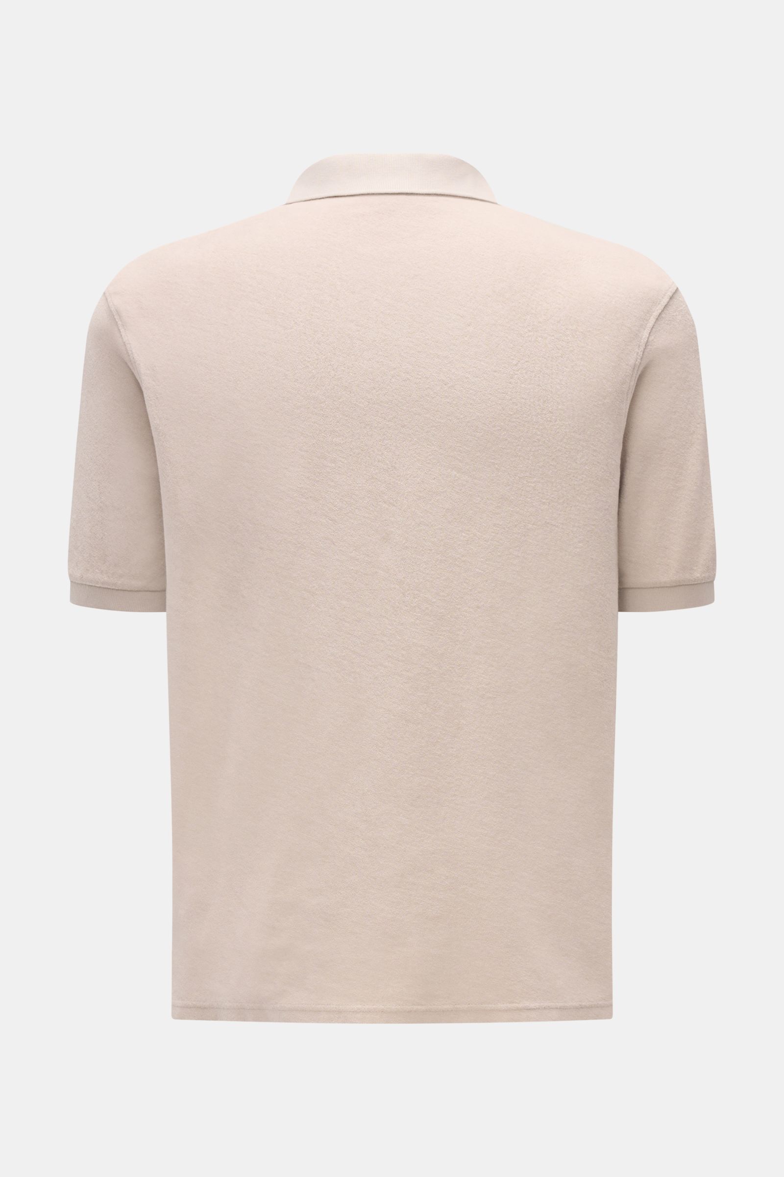 Back view of the 04651/ A trip in a bag Terry polo shirt 'Terry Johnny' beige, made of soft pure cotton terrycloth, short sleeves, regular fit, signature polo collar, open collar strip, small woven label on side seam, and short hem vents, offering a holid