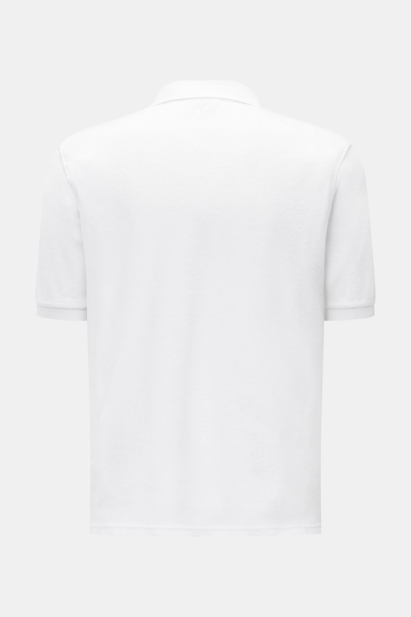 Back view of the 04651/ A trip in a bag Terry polo shirt 'Terry Johnny' white in soft cotton terry with regular fit and short sleeves.

Description: Holiday feel you can wear: This short sleeve polo shirt in comfortable cotton terry by 04651/ A TRIP IN