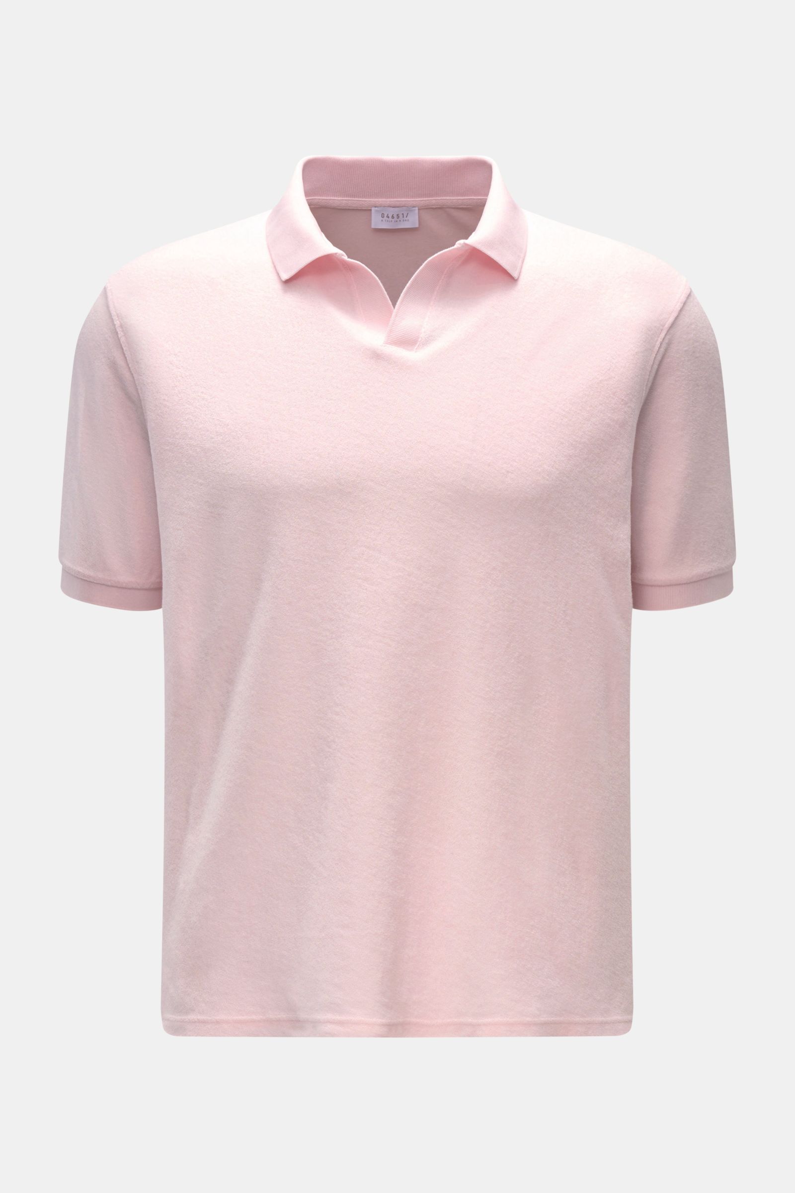 Front view of the 04651/ A trip in a bag Terry polo shirt 'Terry Johnny' rose, a soft cotton terry short sleeve polo with regular fit, signature collar, open collar strip, side seam woven label, and short hem vents. Holiday feel you can wear: This short s