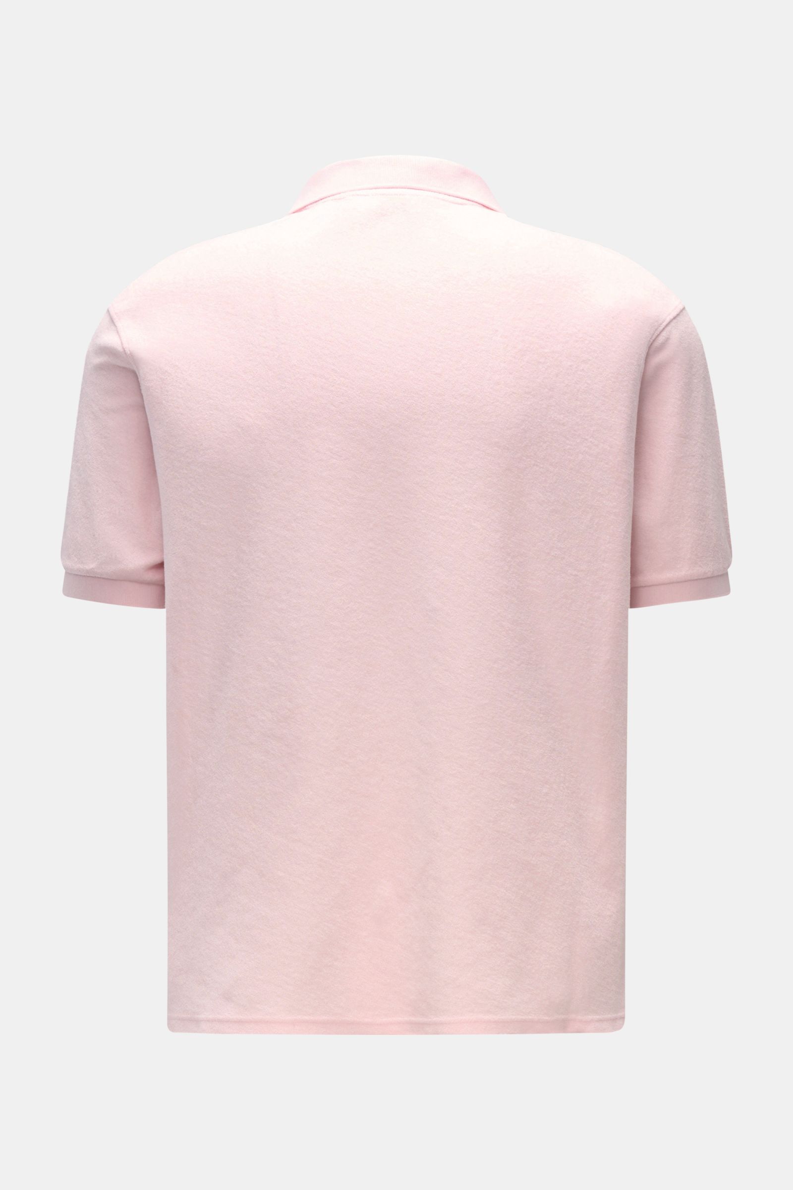 Rear view of 04651/ A trip in a bag Terry polo shirt 'Terry Johnny' rose in soft cotton terry, short sleeves, regular fit with collar.

Description: Holiday feel you can wear: This short sleeve polo shirt in comfortable cotton terry by 04651/ A TRIP IN