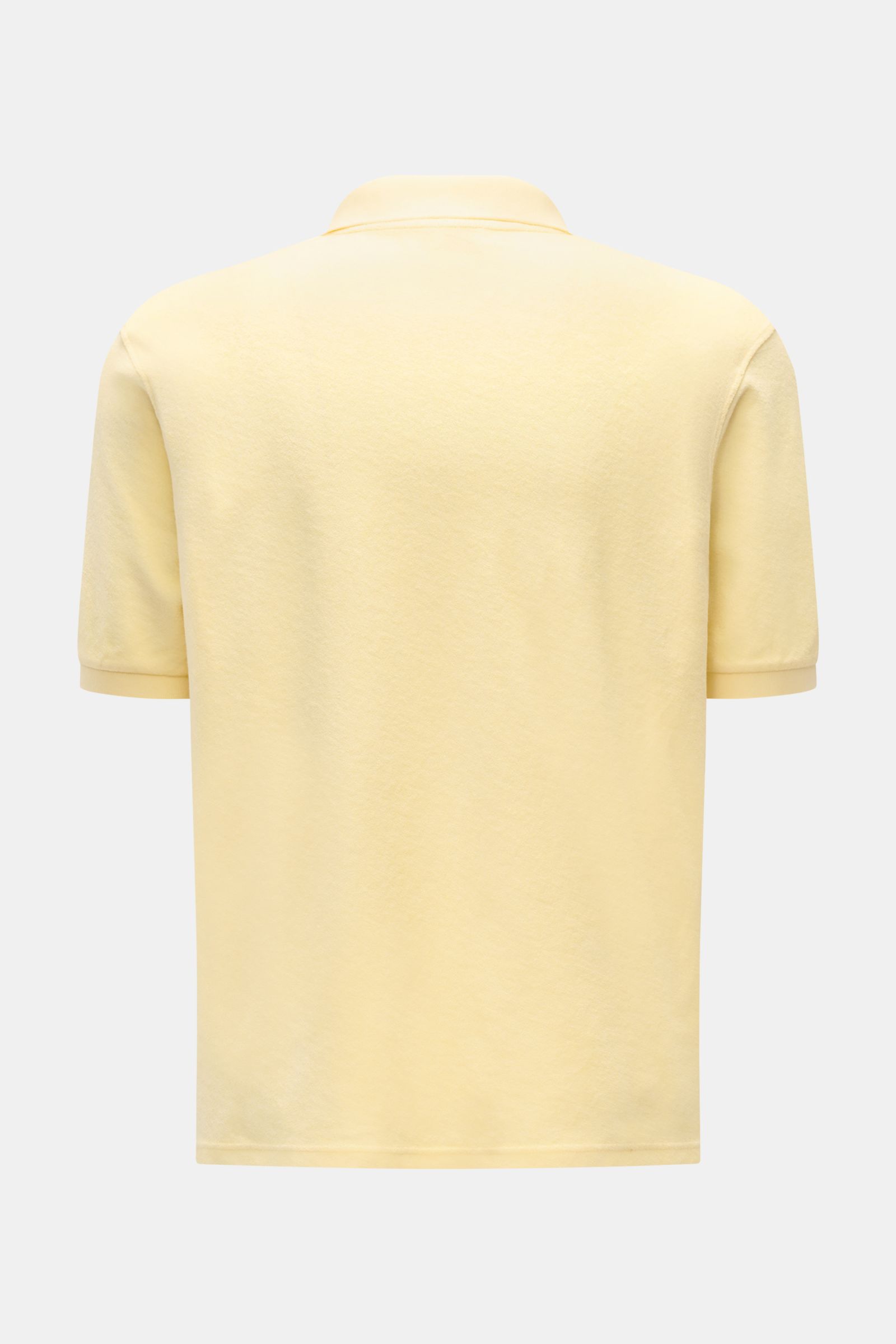 Back view of 04651/ A trip in a bag Terry polo shirt 'Terry Johnny' pastel yellow, short sleeve terrycloth cotton, regular fit.

Description: Holiday feel you can wear: This short sleeve polo shirt in comfortable cotton terry by 04651/ A TRIP IN A BAG 