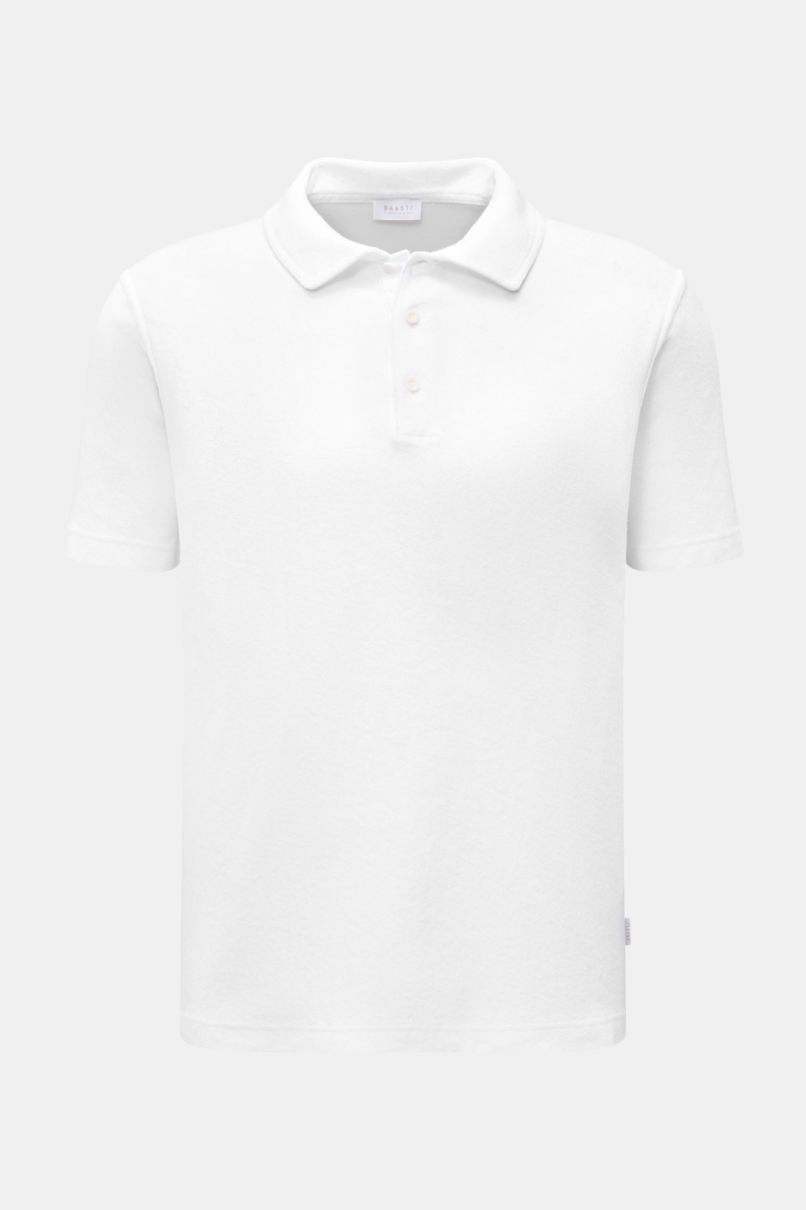 Weißes 04651/ A trip in a bag Frottee-Poloshirt 'Terry Polo' aus reiner Baumwolle, Frontansicht, Regular Fit, Polokragen, kurze Ärmel.