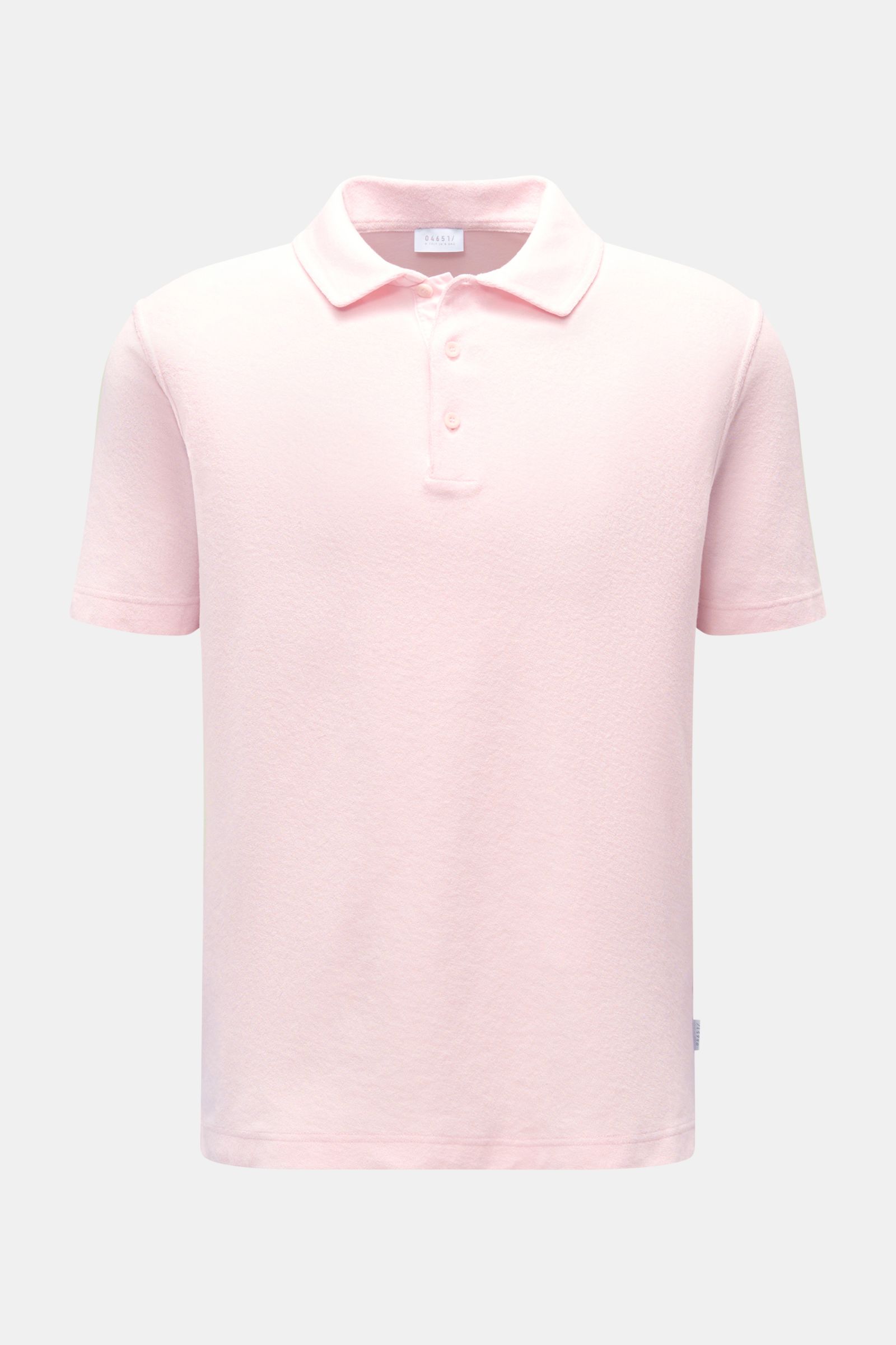 04651/ A trip in a bag Frottee-Poloshirt 'Terry Polo' rosé, frontale Ansicht, reine Baumwolle, weicher Griff, Regular Fit, Polokragen, Knopfleiste, Saumschlitze.