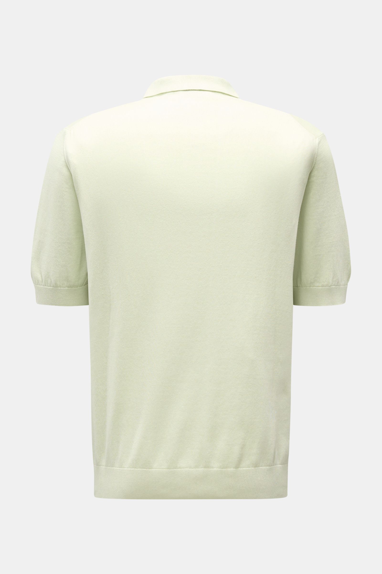 Rückansicht des pastellgrünen 04651/ A trip in a bag Kurzarm-Strickpolo 'Pima Cotton' aus reiner Pima-Baumwolle, Slim Fit, feinstrick mit Polokragen, Drei-Knopf-Leiste und flexiblen Rippbündchen.