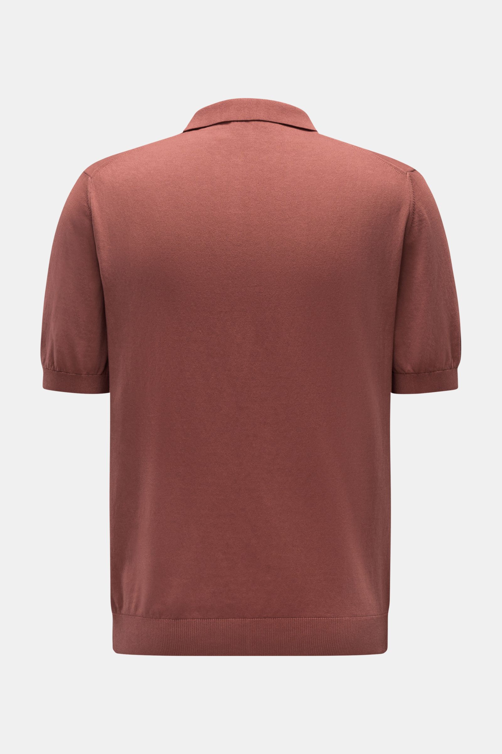 04651/ A trip in a bag Kurzarm-Strickpolo 'Johnny' rostbraun, Rückansicht, reine Baumwolle, weicher Griff, feines Strickbild, Regular Fit, Polokragen, Rippbündchen.