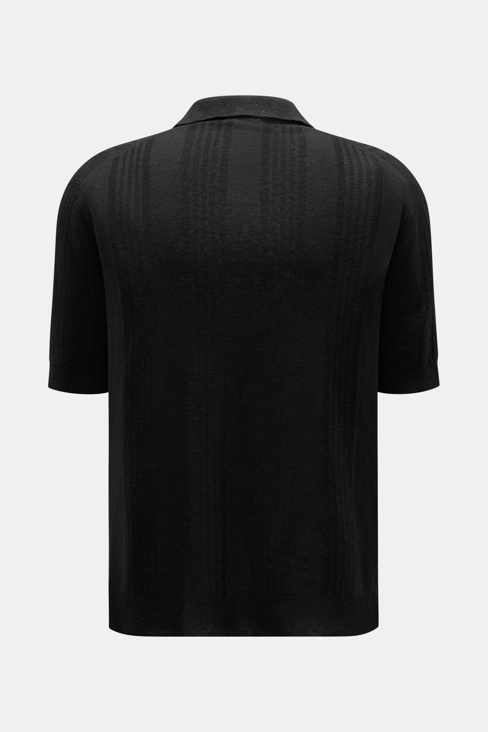 Schwarzes 04651/ A trip in a bag Kurzarm-Strickpolo 'Johnny' in Oversized Fit, Rückansicht, feines Streifenstruktur-Strickbild, Leinen-Baumwoll-Mix.