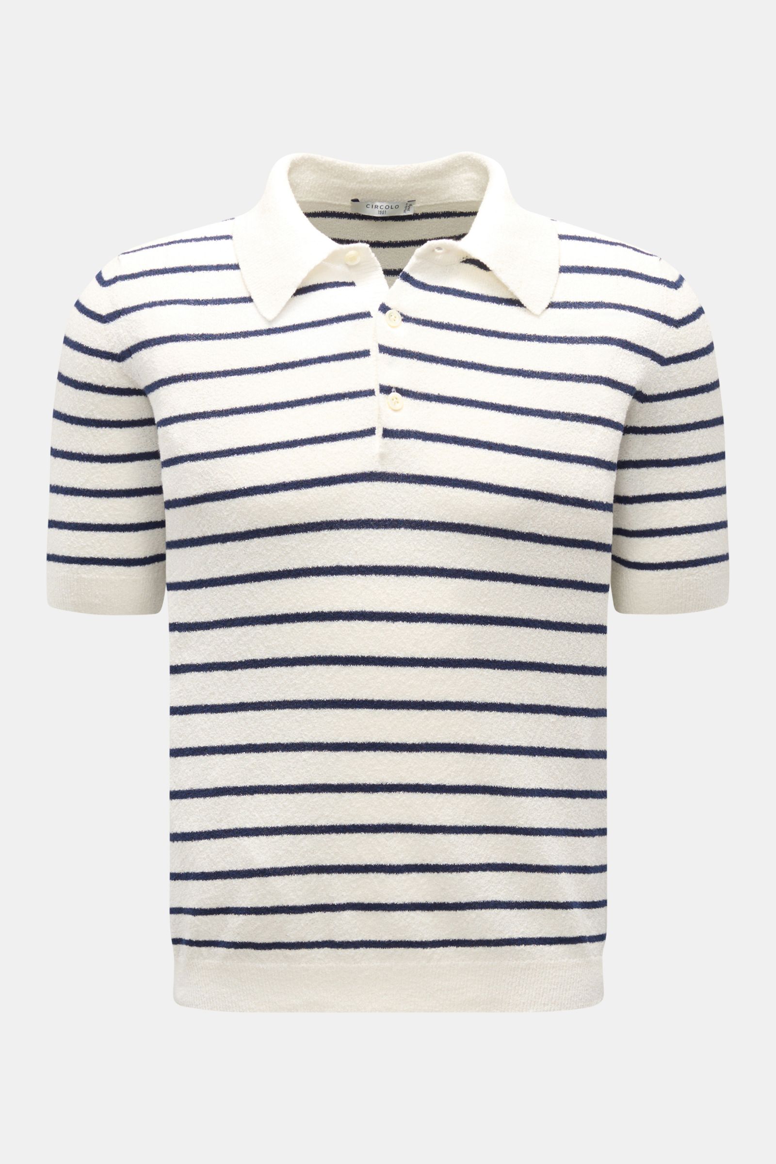 Circolo 1901 Frottee-Kurzarm-Strickpolo offwhite/navy gestreift, Frontansicht, Slim Fit, Baumwoll-Microfaser, klassischer Polokragen, Drei-Knopf-Leiste, flexible Rippbündchen, leichte Struktur, schmale Streifen, atmungsaktiv.