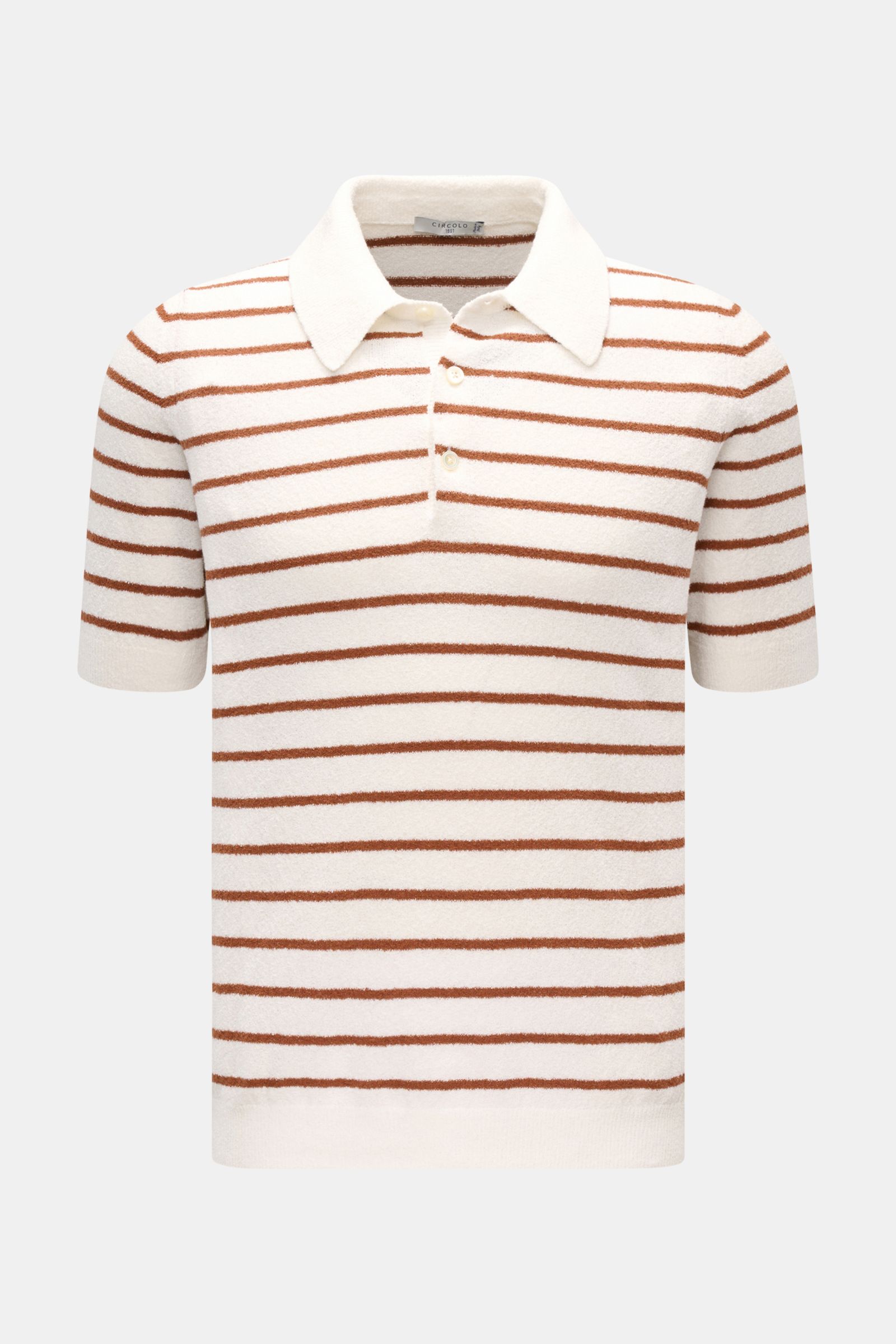 Front view of Circolo 1901 Frottee-Kurzarm-Strickpolo weiß/braun gestreift, a slim fit short-sleeve polo with classic collar, three-button placket, and flexible rib cuffs, made of breathable cotton and microfiber terry knit with narrow brown stripes on wh
