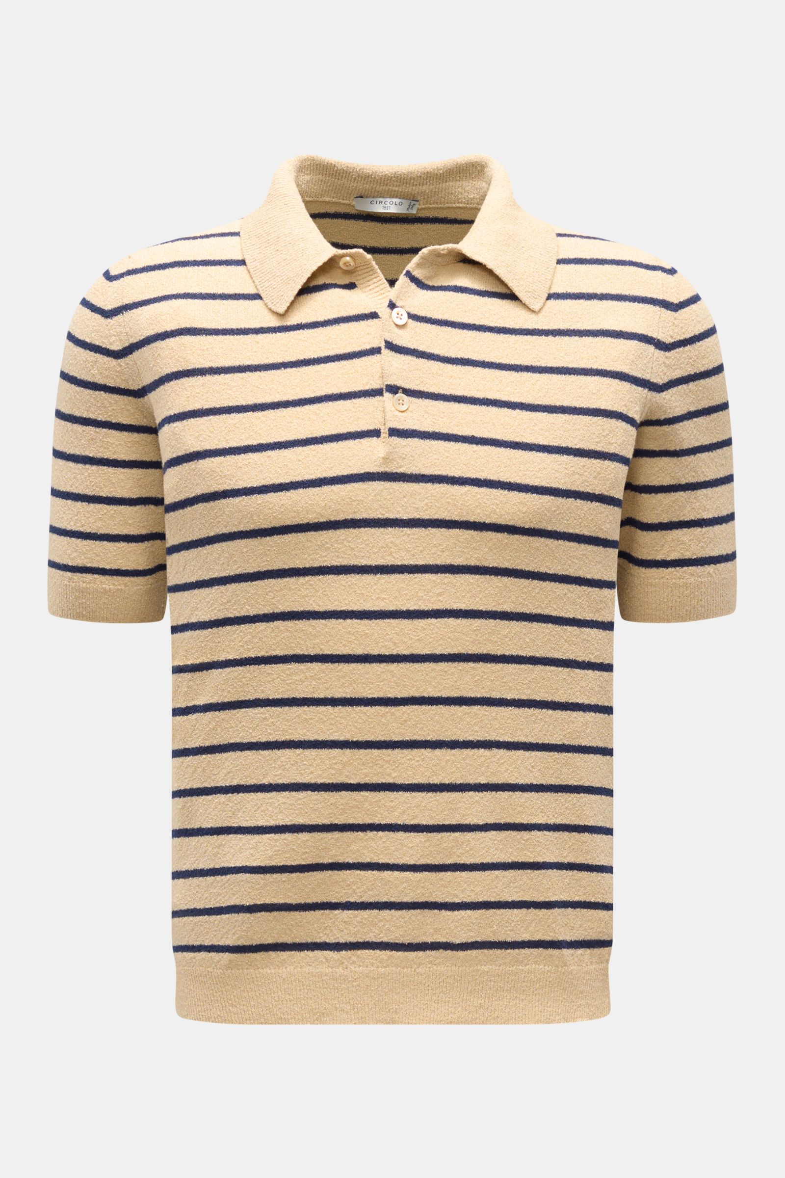 Circolo 1901 Frottee-Kurzarm-Strickpolo beige/navy gestreift, Slim Fit, klassischer Polokragen, Drei-Knopf-Leiste, leichte Struktur, frontal fotografiert.