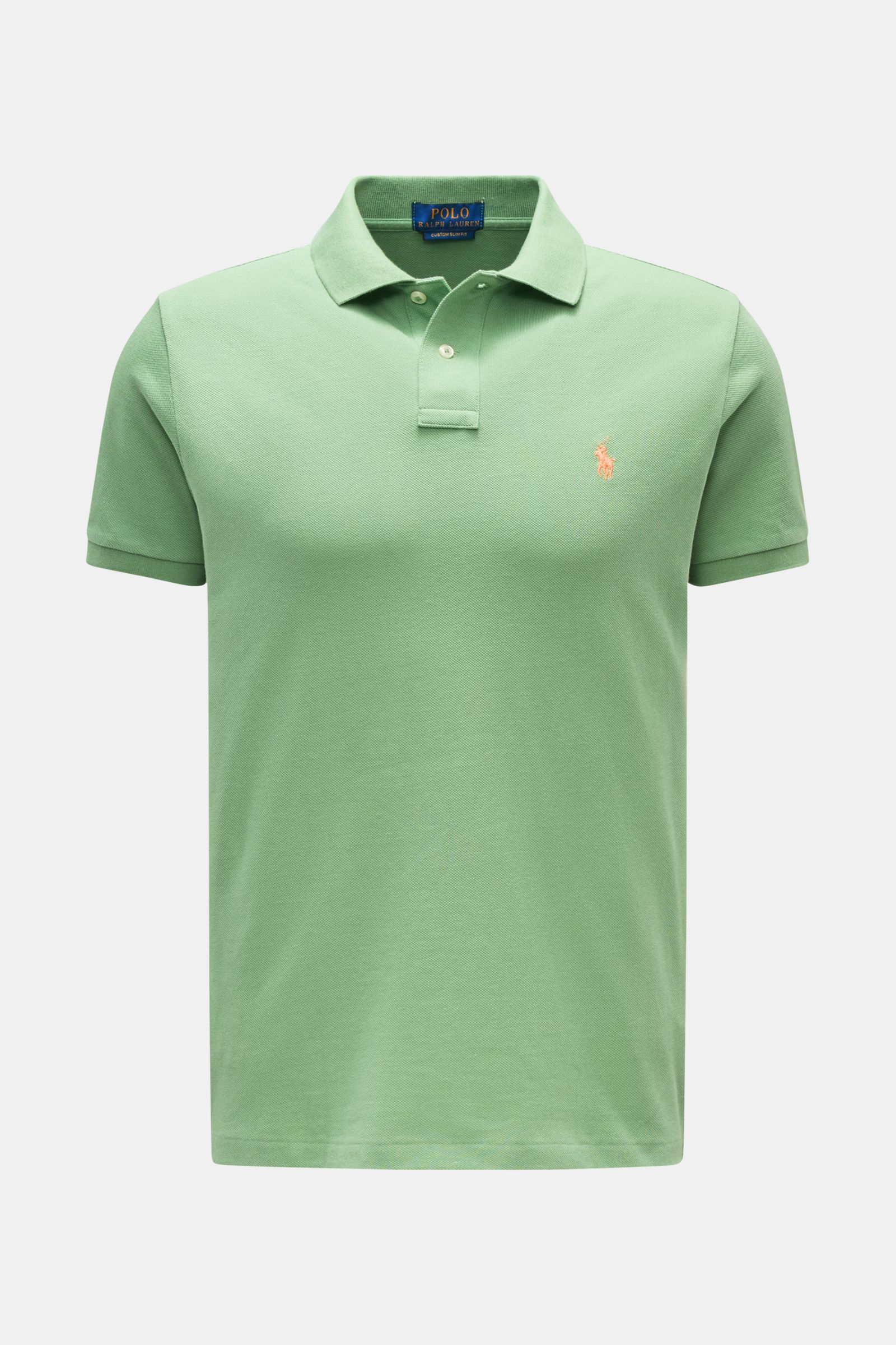 Polo Ralph Lauren Poloshirt mintgrün aus reiner Baumwolle, Slim Fit, mit Polokragen, Zwei-Knopf-Leiste, Logo-Stitching, elastischen Ärmelbündchen, frontal fotografiert.