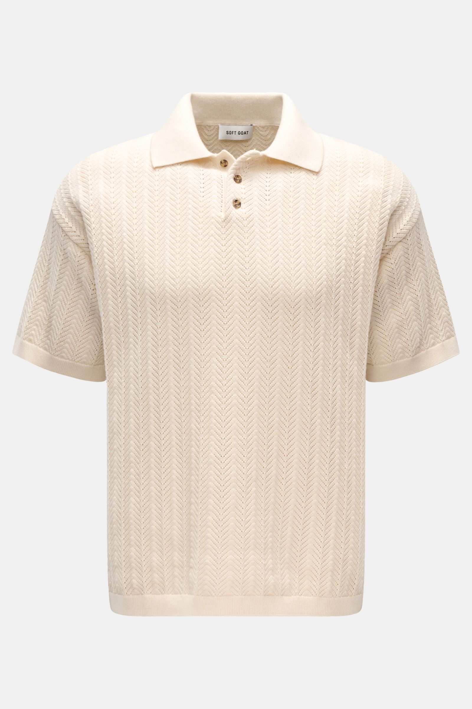 Soft Goat Kurzarm-Strickpolo creme, Frontansicht, Slim Fit, Baumwolle-Cashmere, Strukturstrick, Polokragen mit drei Knöpfen, Rippbündchen.