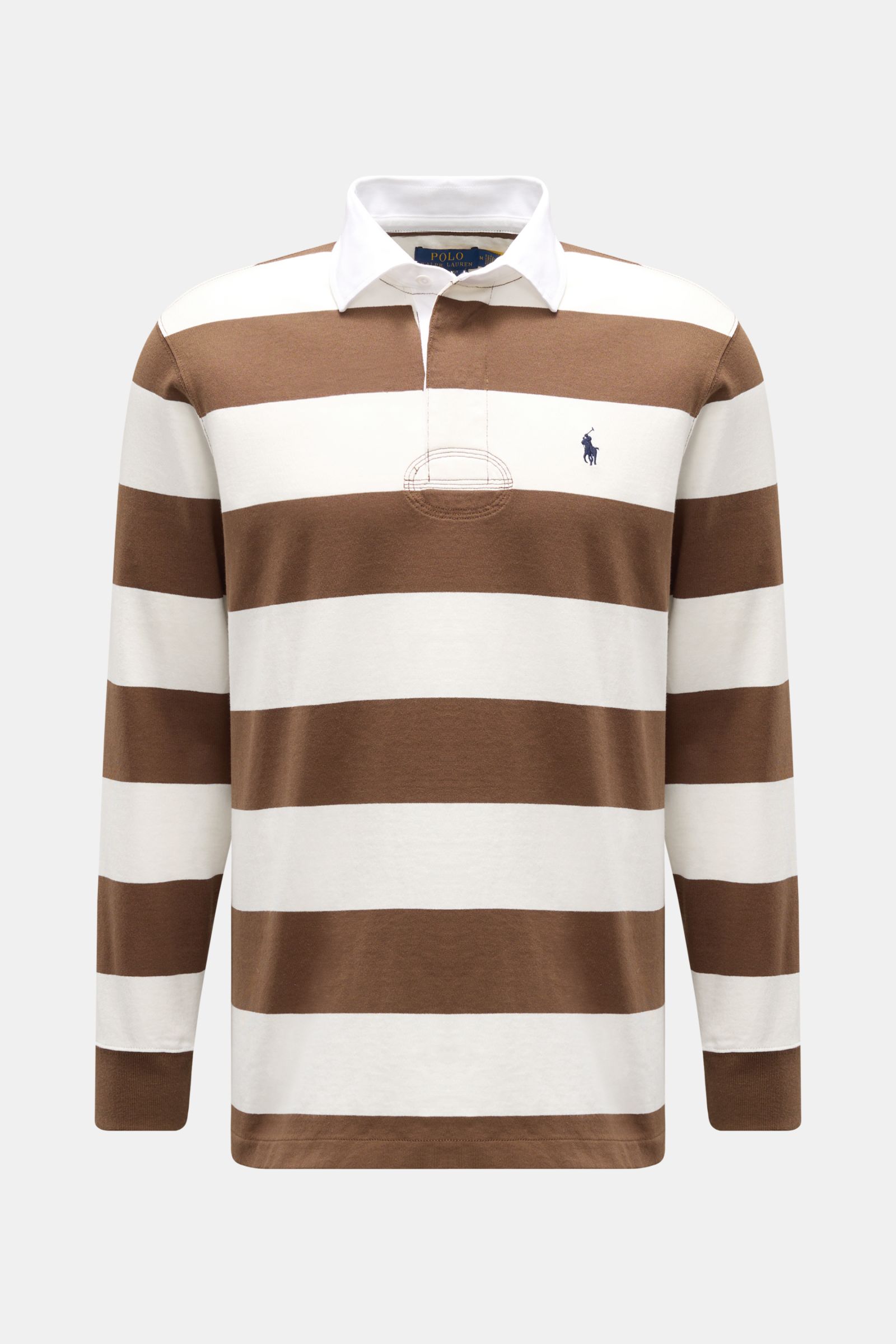 Polo Ralph Lauren Jersey Longsleeve-Poloshirt weiß/braun gestreift, Frontansicht, Regular Fit, reine Baumwolle, klassischer Polokragen, Drei-Knopf-Leiste, Rippbündchen, Saumschlitze, Logo-Stitching.