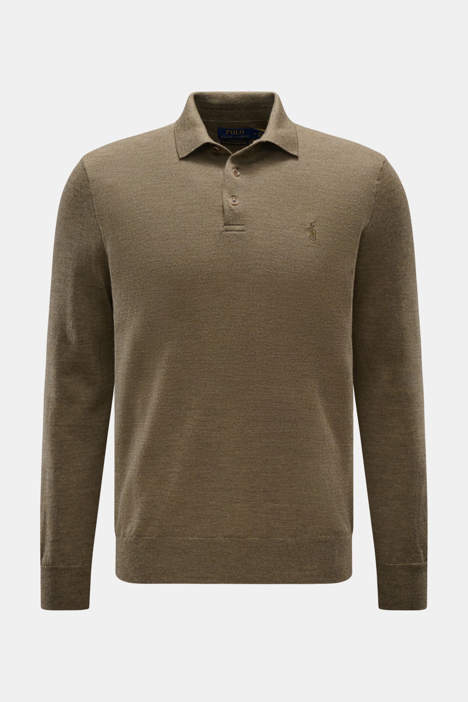 Front view of Polo Ralph Lauren Strickpolo oliv meliert, a slim fit long-sleeve knit polo made of pure soft wool with fine knit texture, knitted polo collar, three-button placket, tonal logo stitching, and elastic rib cuffs. Mit diesem Strickpolo aus r