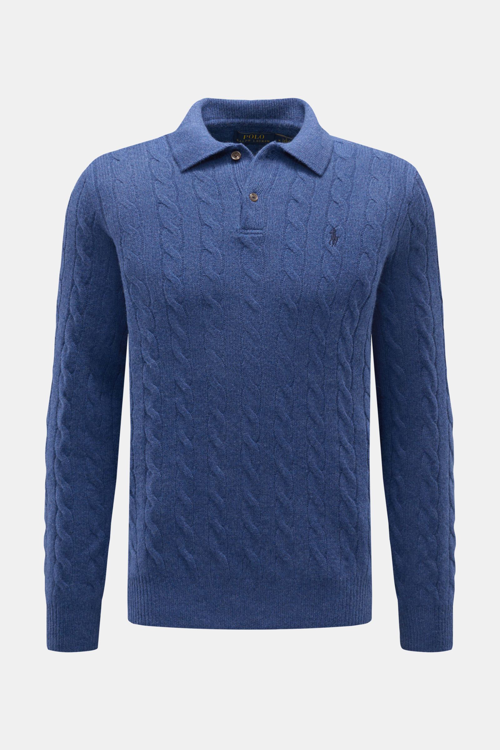 Polo Ralph Lauren Strickpolo graublau aus Wolle und Cashmere, Slim Fit, Zopfstrick, Polokragen mit Zwei-Knopf-Leiste, frontal fotografiert.