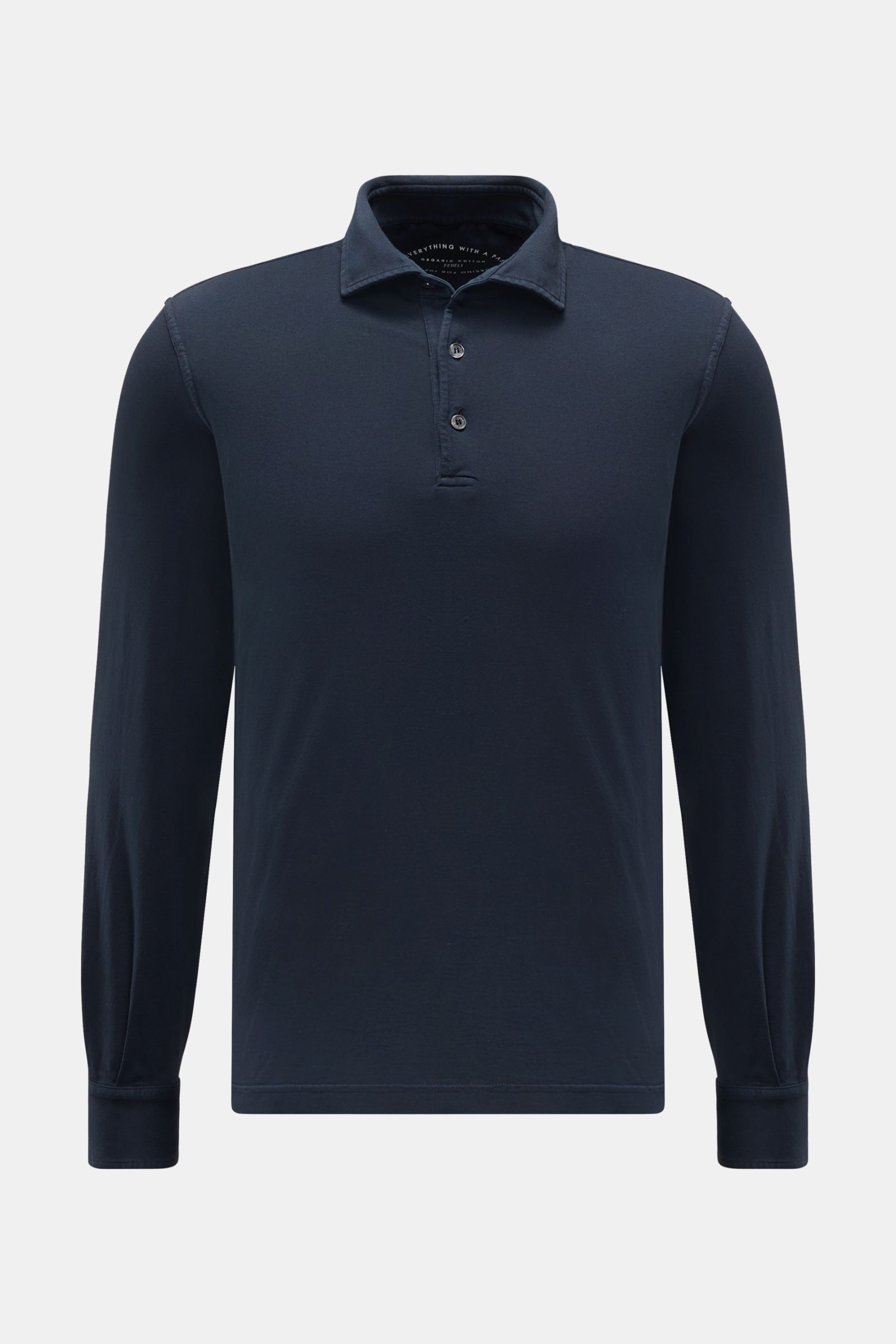 Fedeli Jersey Longsleeve-Poloshirt 'Zero' navy, frontal fotografiert, Slim Fit, aus sanfter Giza-Baumwolle mit Perlmuttknöpfen.